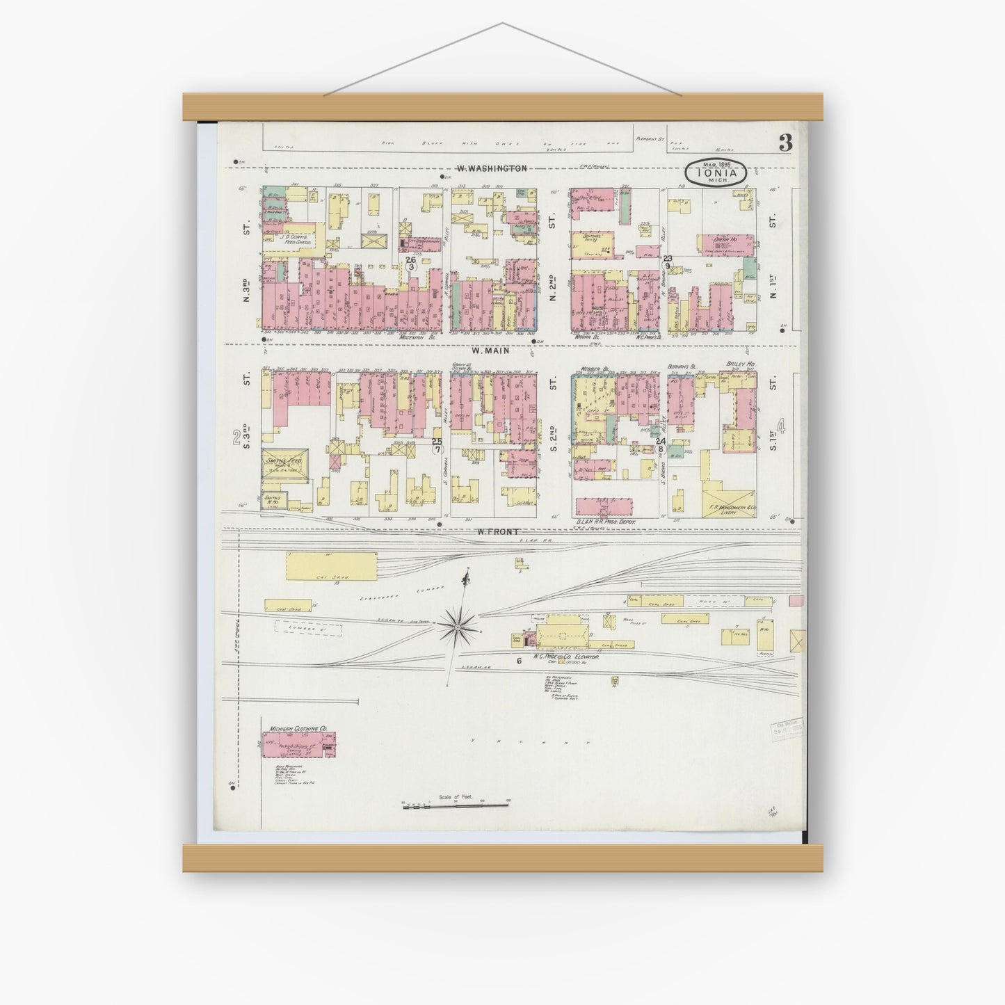 Old map wall art mockup — magnetic wood frame on white wall — Sanborn Fire Insurance Map from Ionia, Ionia County, Michigan (1895), Sheet #0003