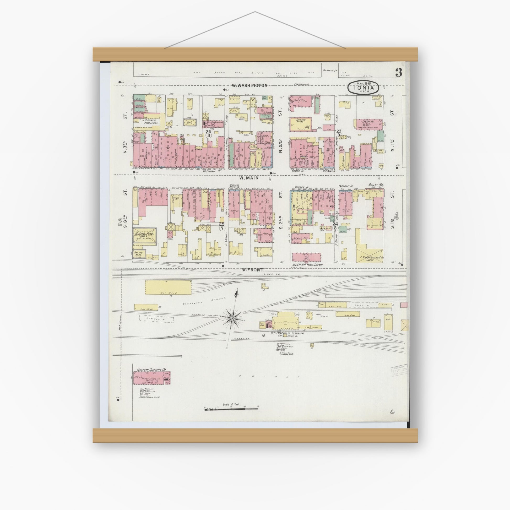 Old map wall art mockup — magnetic wood frame on white wall — Sanborn Fire Insurance Map from Ionia, Ionia County, Michigan (1895), Sheet #0003