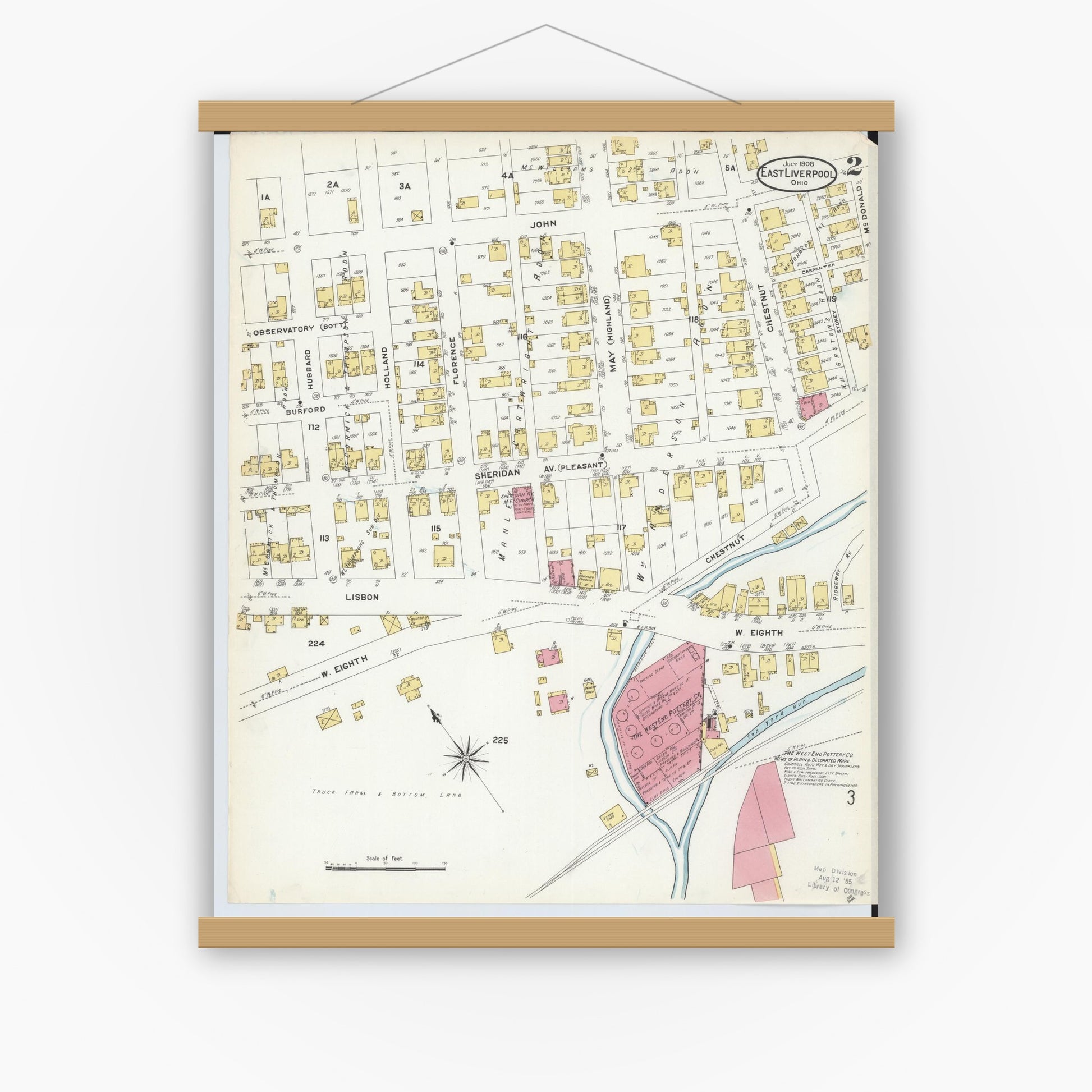 Old map wall art mockup — magnetic wood frame on white wall — Sanborn Fire Insurance Map from East Liverpool, Columbiana County, Ohio (1908), Sheet #0002