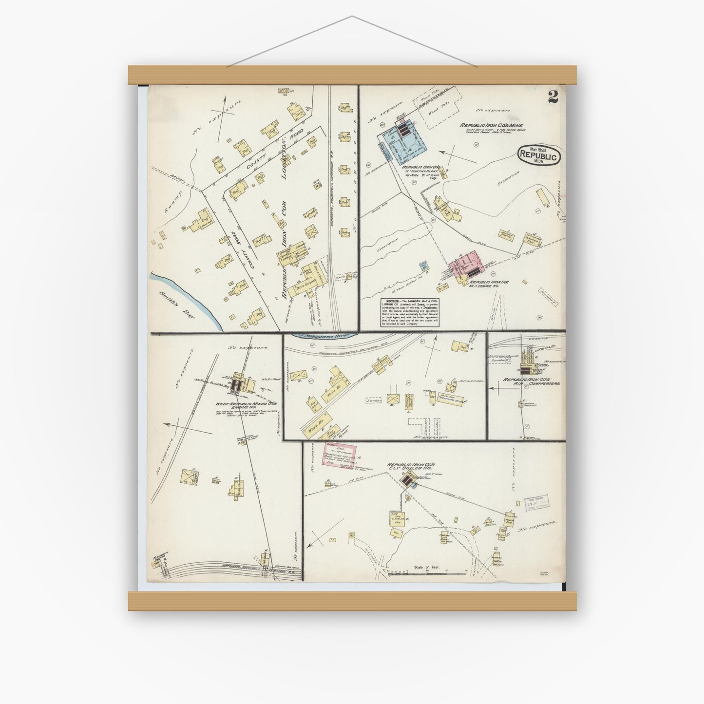 Old map wall art mockup — magnetic wood frame on white wall — Sanborn Fire Insurance Map from Republic, Marquette County, Michigan (1884), Sheet #0002