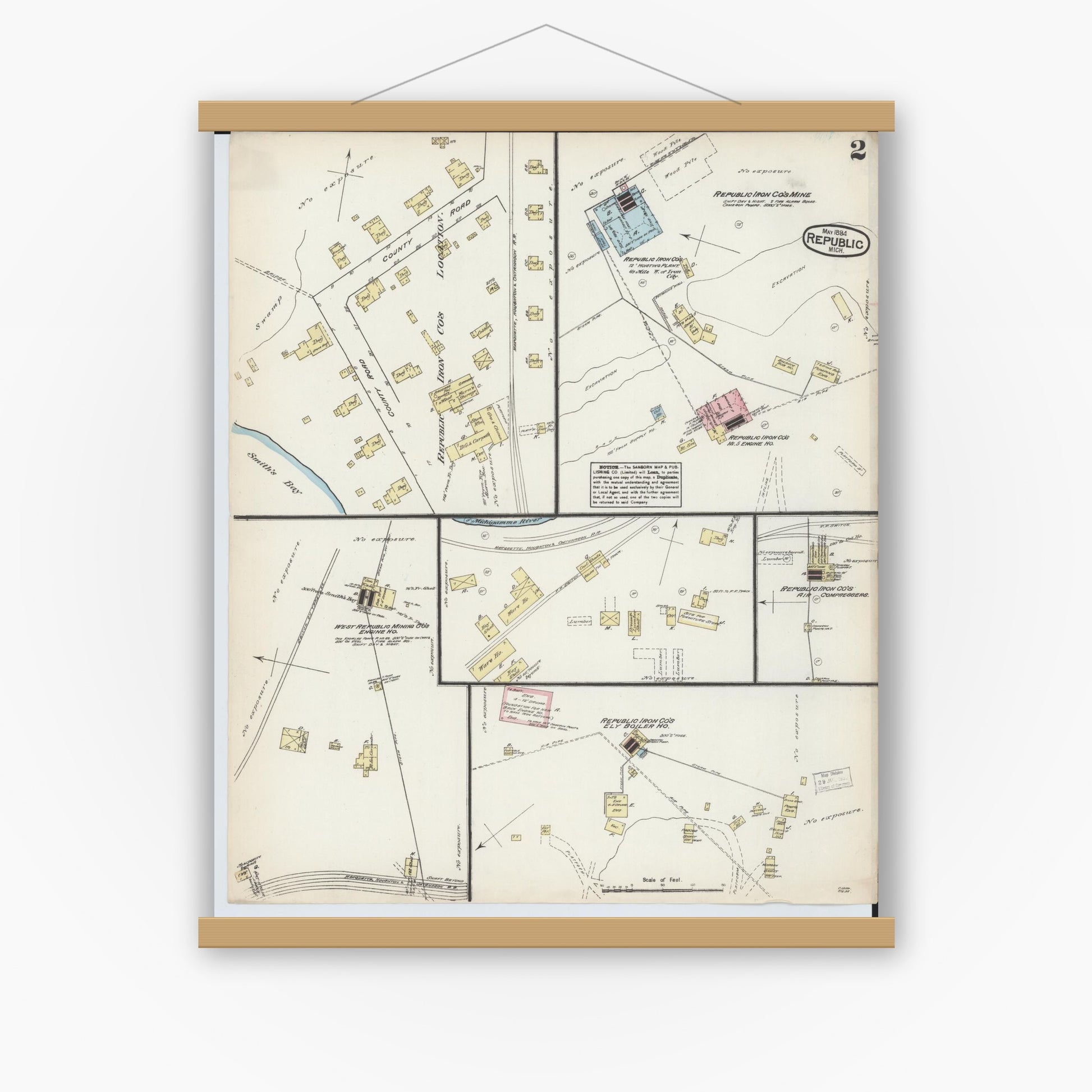 Old map wall art mockup — magnetic wood frame on white wall — Sanborn Fire Insurance Map from Republic, Marquette County, Michigan (1884), Sheet #0002