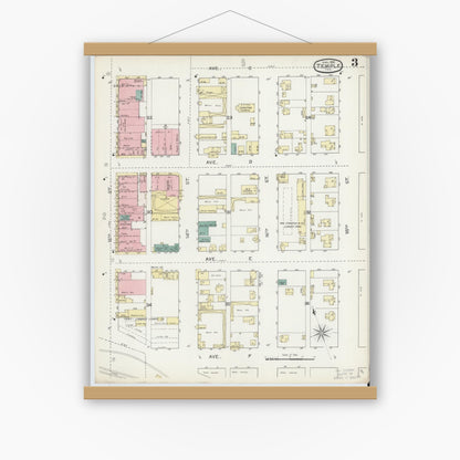 Old map wall art mockup — magnetic wood frame on white wall — Sanborn Fire Insurance Map from Temple, Bell County, Texas (1893), Sheet #0003