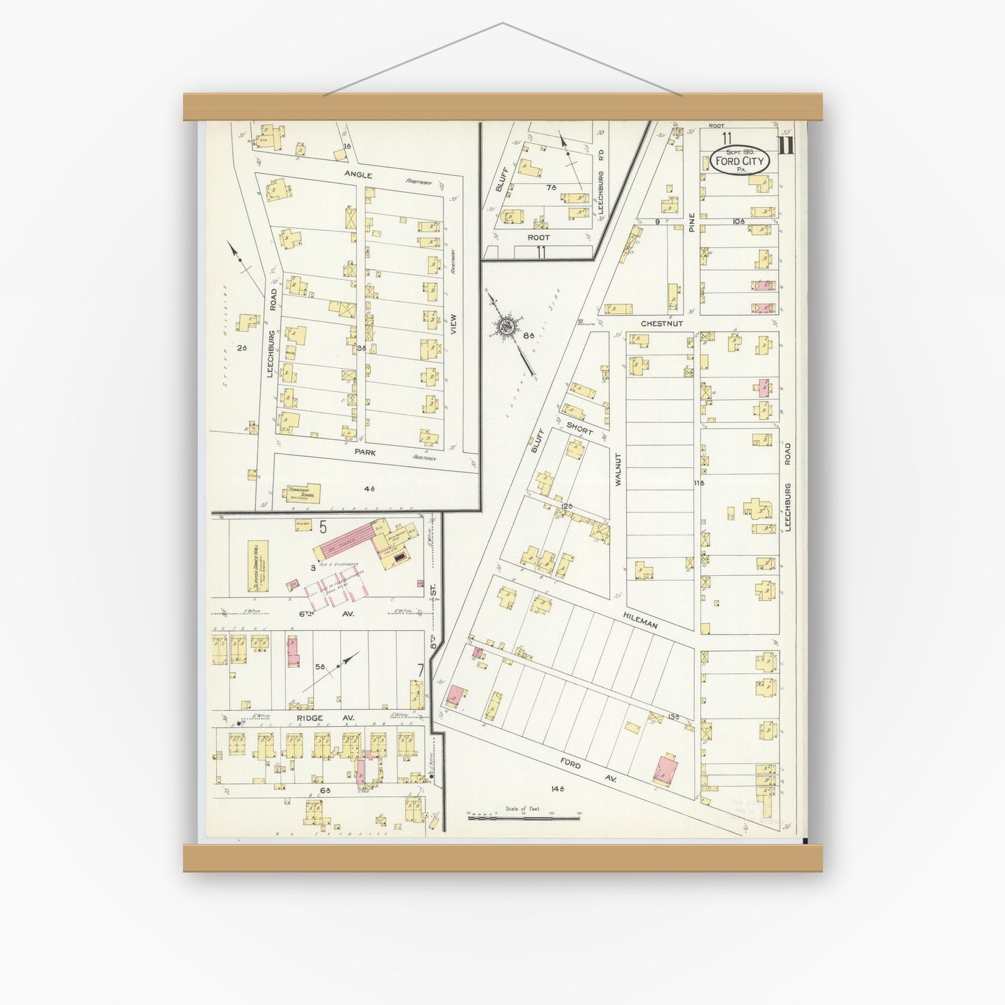 Old map wall art mockup — magnetic wood frame on white wall — Sanborn Fire Insurance Map from Ford City, Armstrong County, Pennsylvania (1913), Sheet #0011