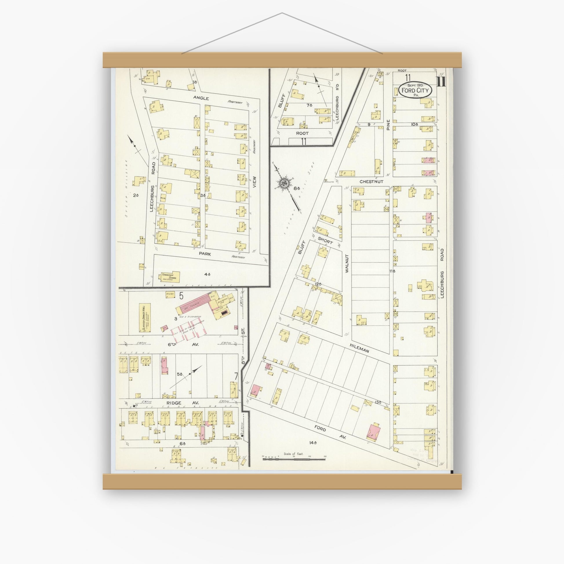 Old map wall art mockup — magnetic wood frame on white wall — Sanborn Fire Insurance Map from Ford City, Armstrong County, Pennsylvania (1913), Sheet #0011