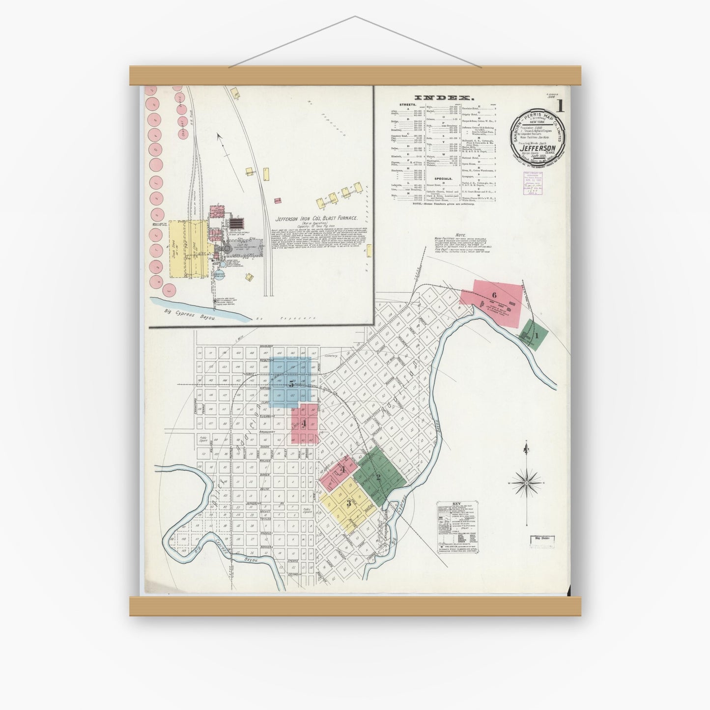Old map wall art mockup — magnetic wood frame on white wall — Sanborn Fire Insurance Map from Jefferson, Marion County, Texas (1901), Sheet #0001