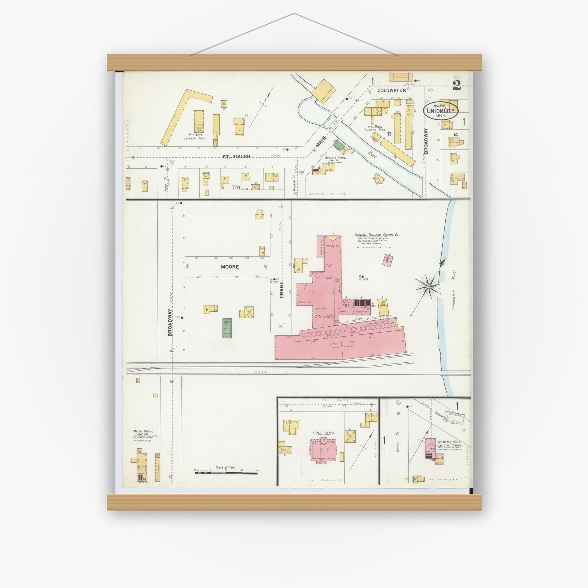 Old map wall art mockup — magnetic wood frame on white wall — Sanborn Fire Insurance Map from Union City, Branch And Calhoun Counties, Michigan (1899), Sheet #0002