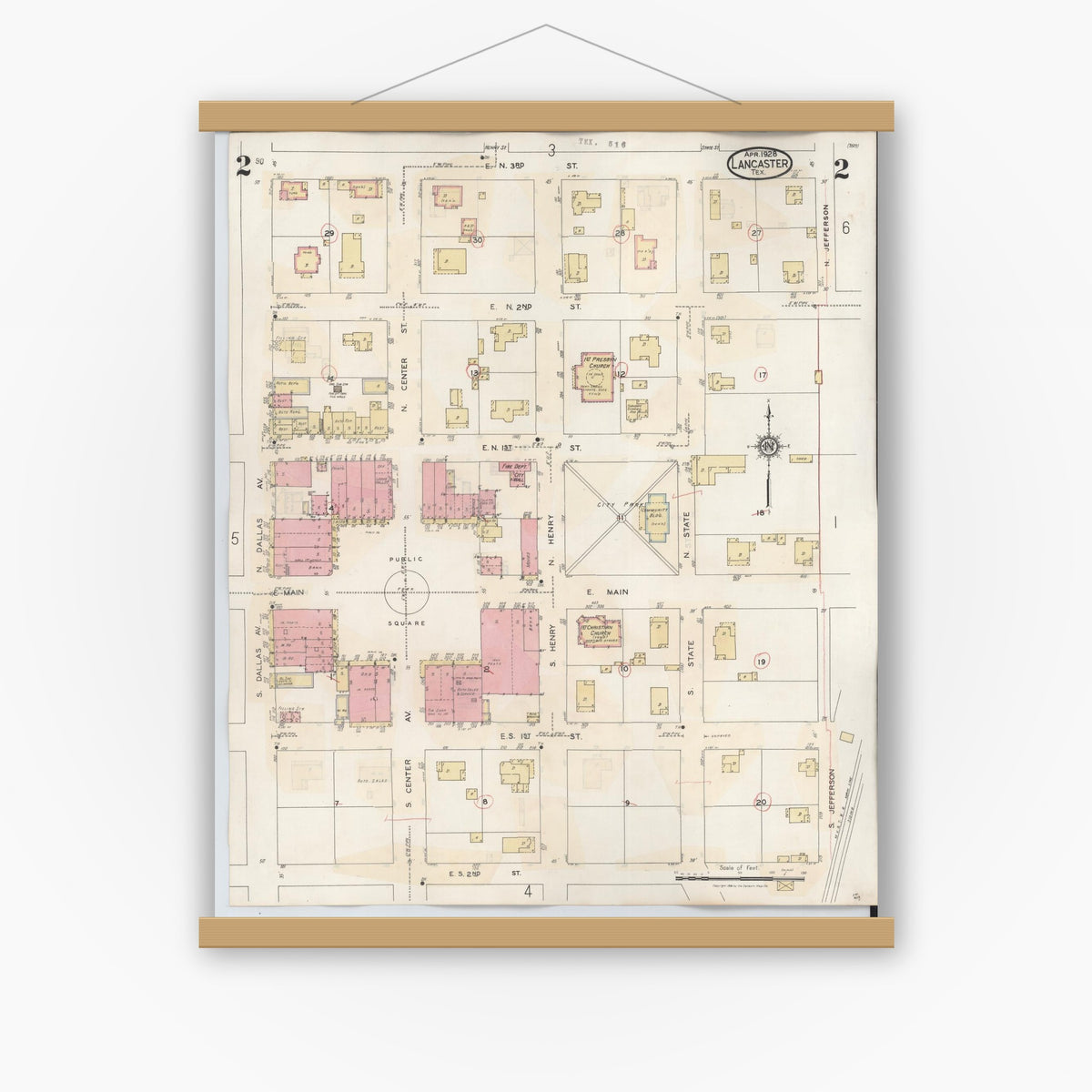 Old map wall art mockup — magnetic wood frame on white wall — Sanborn Fire Insurance Map from Lancaster, Dallas County, Texas (1939), Sheet #0002