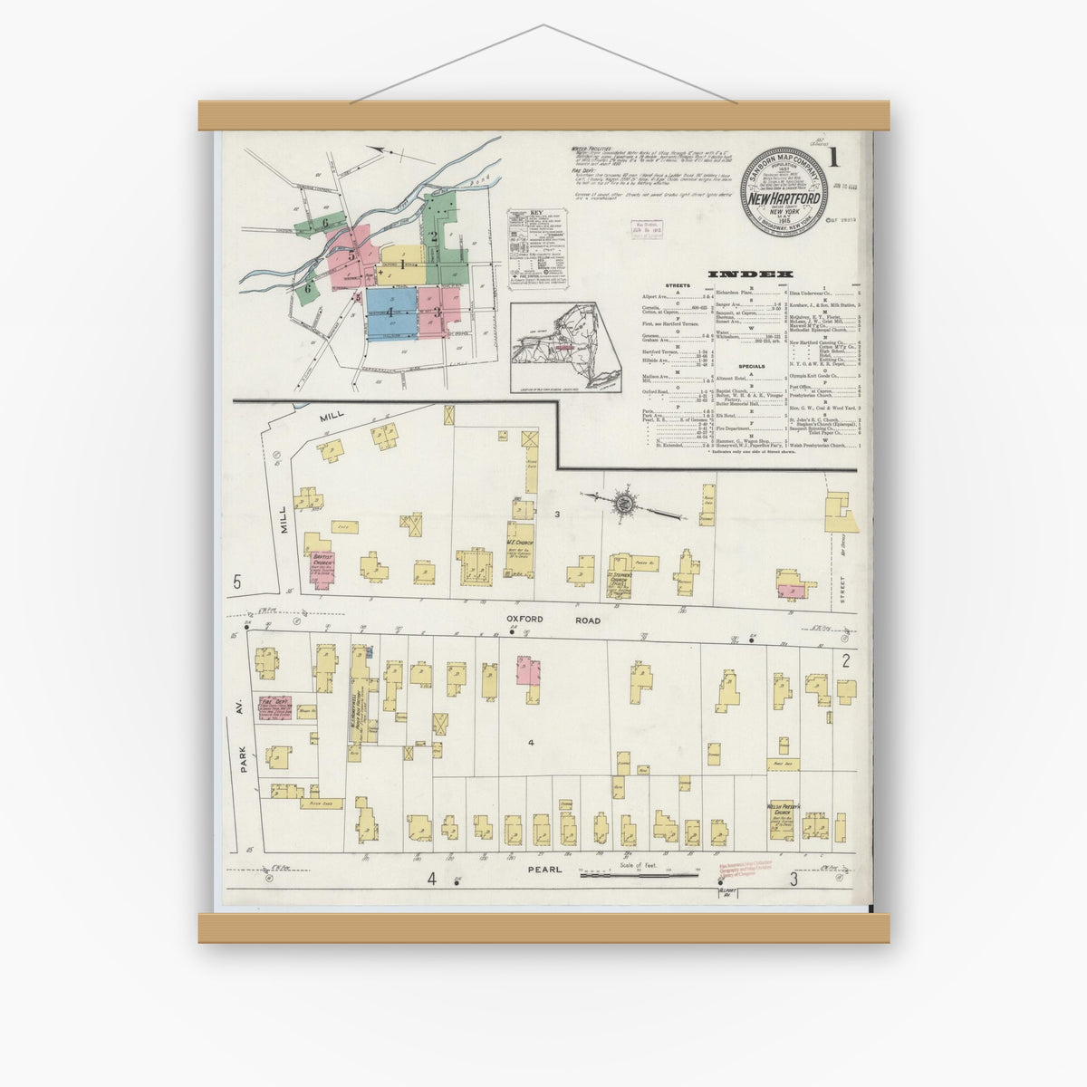 Old map wall art mockup — magnetic wood frame on white wall — Sanborn Fire Insurance Map from New Hartford, Oneida County, New York (1915) - Complete Map Set