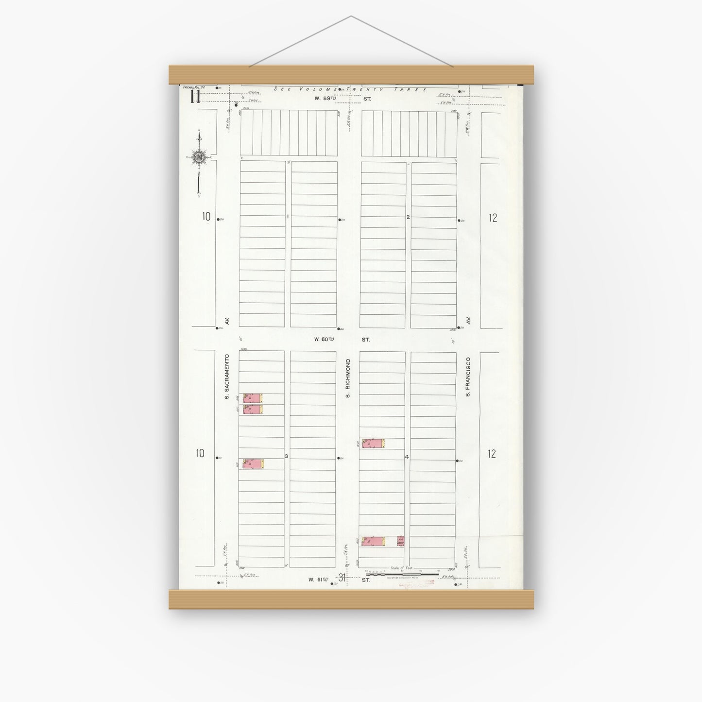 Old map wall art mockup — magnetic wood frame on white wall — Sanborn Fire Insurance Map from Chicago, Cook County, Illinois (1920), Sheet #0011