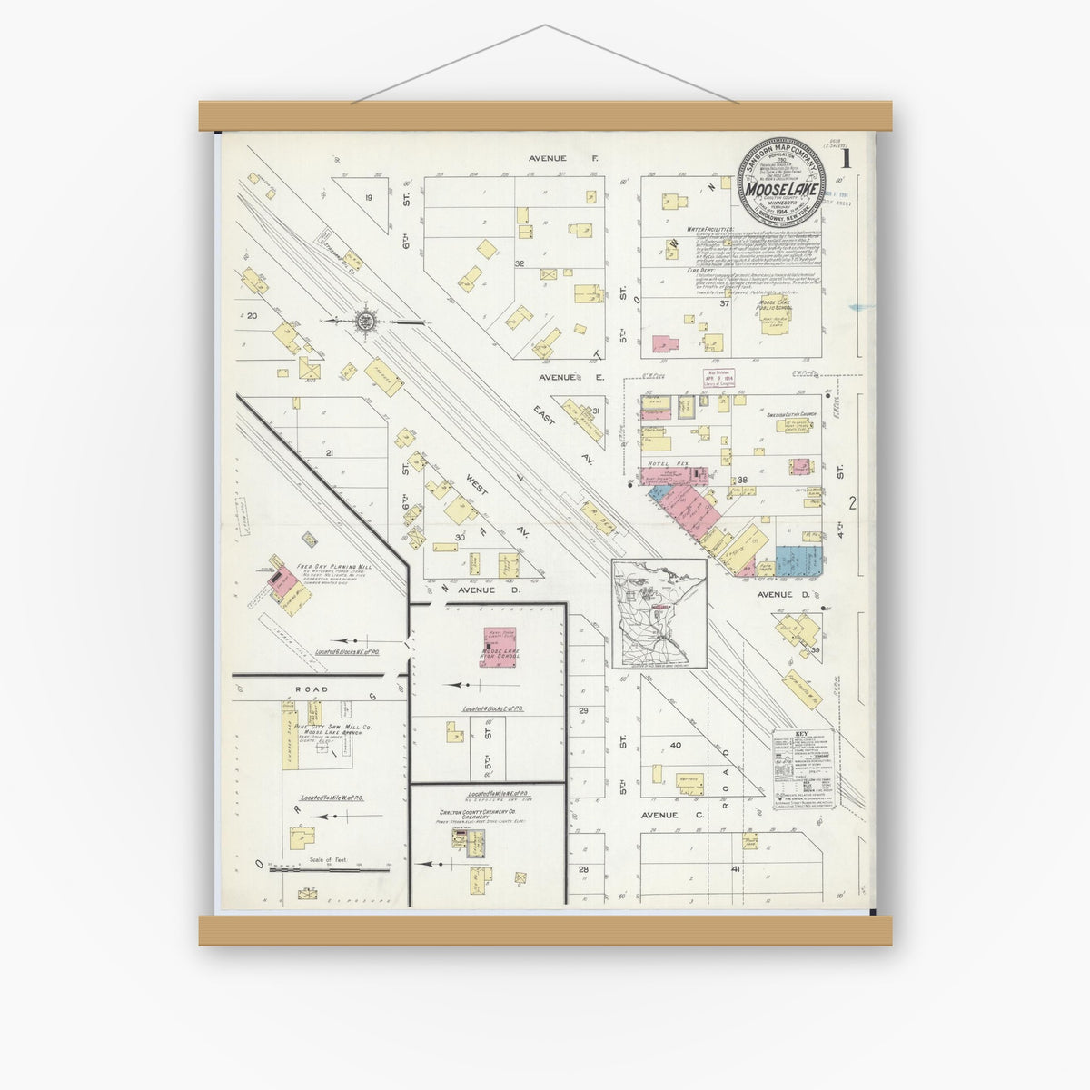 Old map wall art mockup — magnetic wood frame on white wall — Sanborn Fire Insurance Map from Moose Lake, Carlton County, Minnesota (1914), Sheet #0001