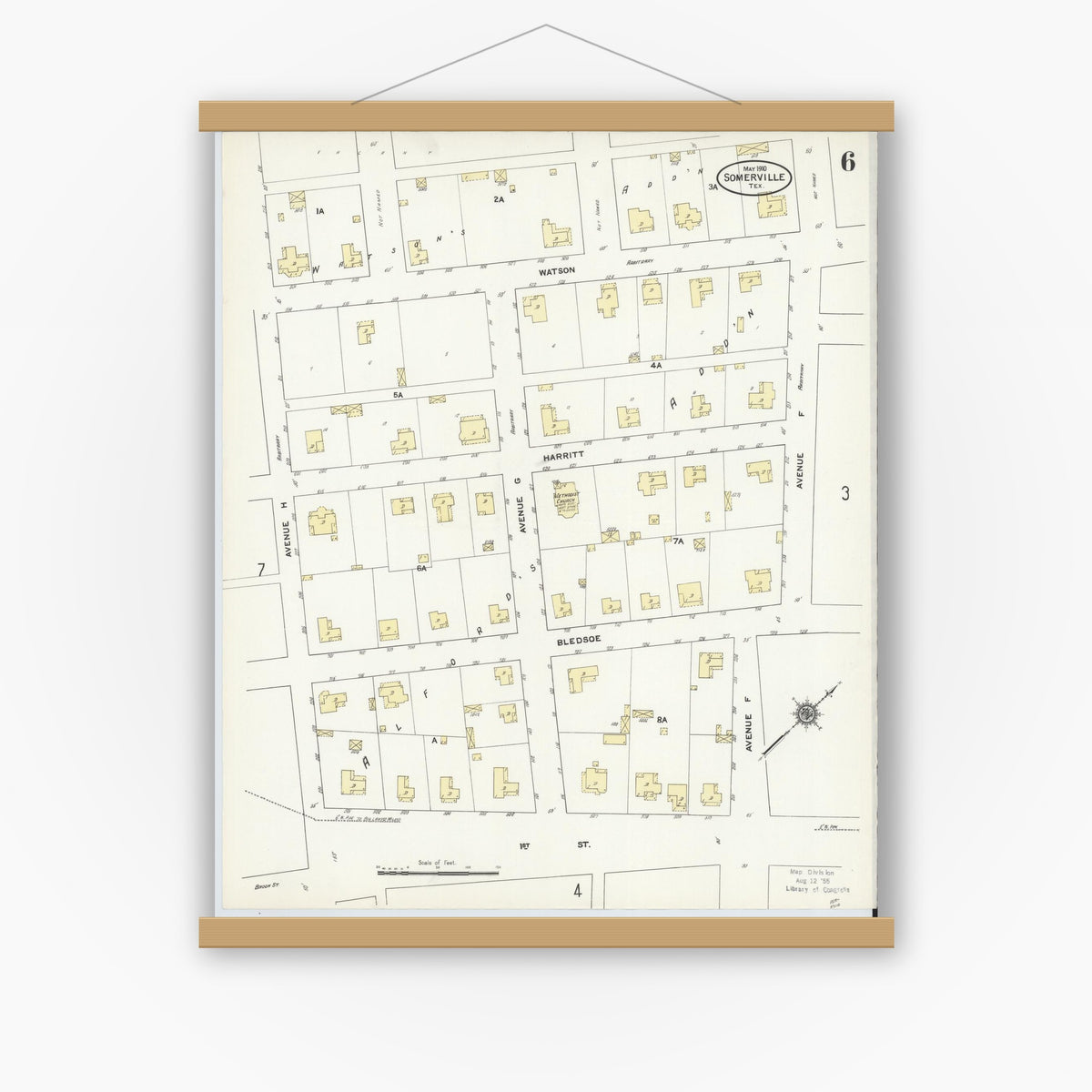 Old map wall art mockup — magnetic wood frame on white wall — Sanborn Fire Insurance Map from Somerville, Burleson County, Texas (1910), Sheet #0006