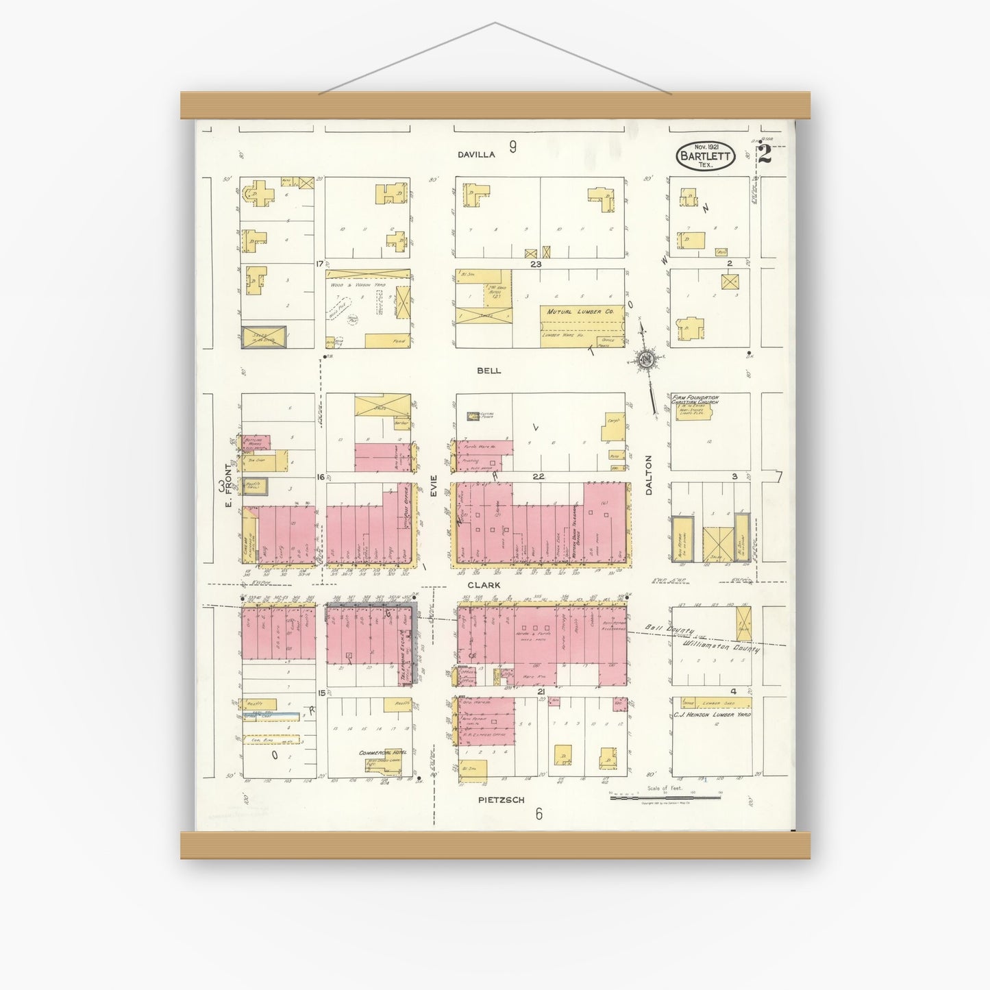 Old map wall art mockup — magnetic wood frame on white wall — Sanborn Fire Insurance Map from Bartlett, Bell and Williamson Counties, Texas (1921), Sheet #0002