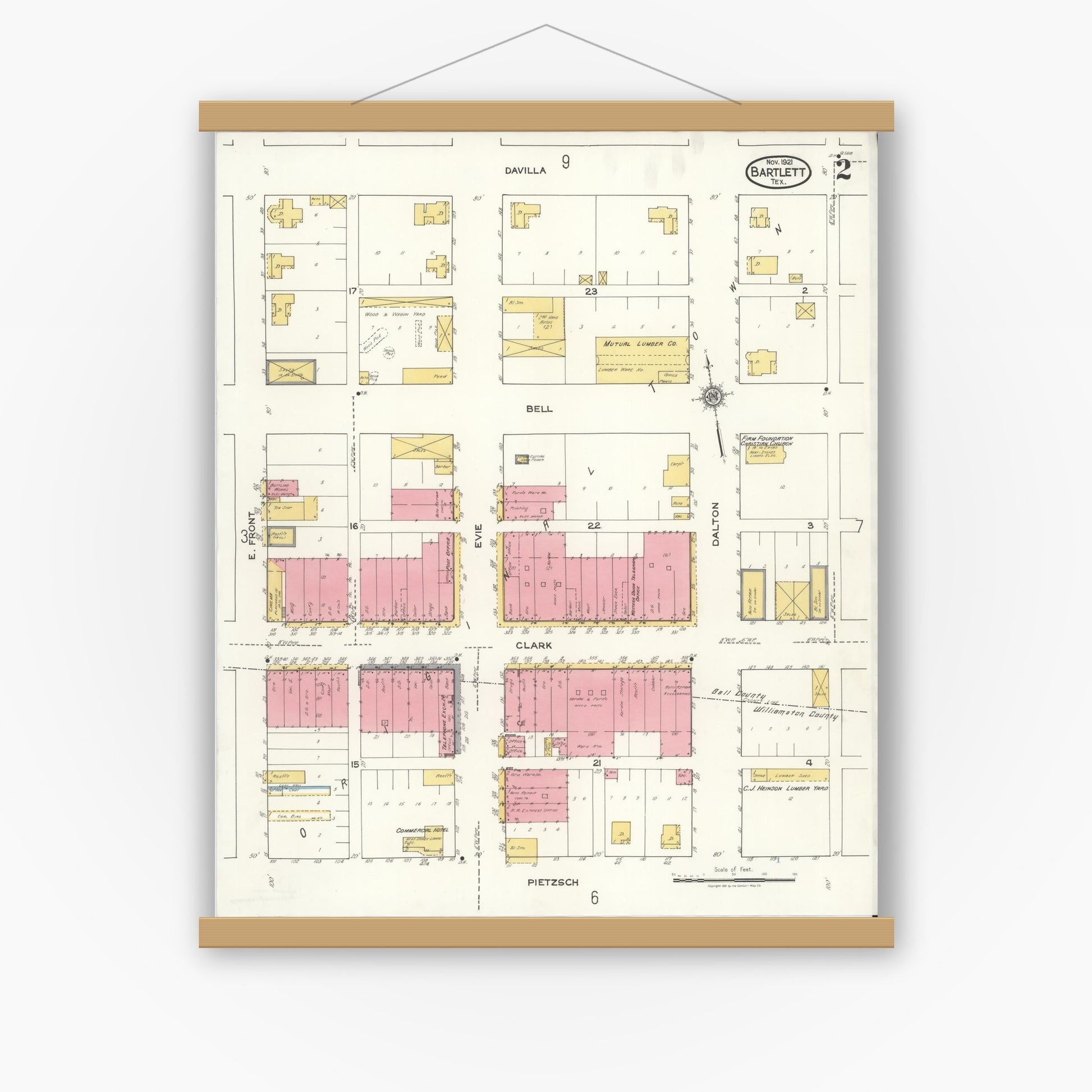 Old map wall art mockup — magnetic wood frame on white wall — Sanborn Fire Insurance Map from Bartlett, Bell and Williamson Counties, Texas (1921), Sheet #0002