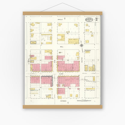 Old map wall art mockup — magnetic wood frame on white wall — Sanborn Fire Insurance Map from Bartlett, Bell and Williamson Counties, Texas (1921), Sheet #0002