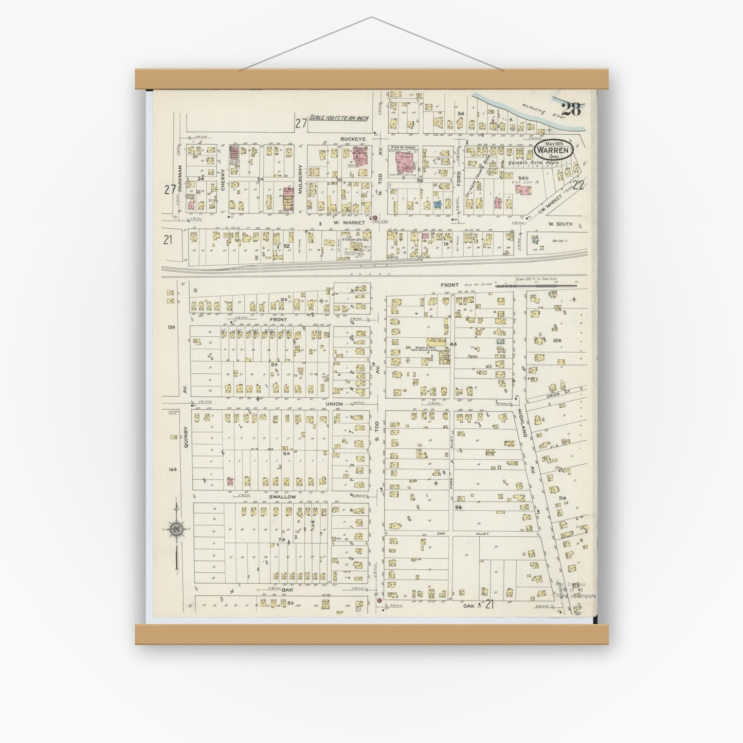 Old map wall art mockup — magnetic wood frame on white wall — Sanborn Fire Insurance Map from Warren, Trumbull County, Ohio (1915), Sheet #0028