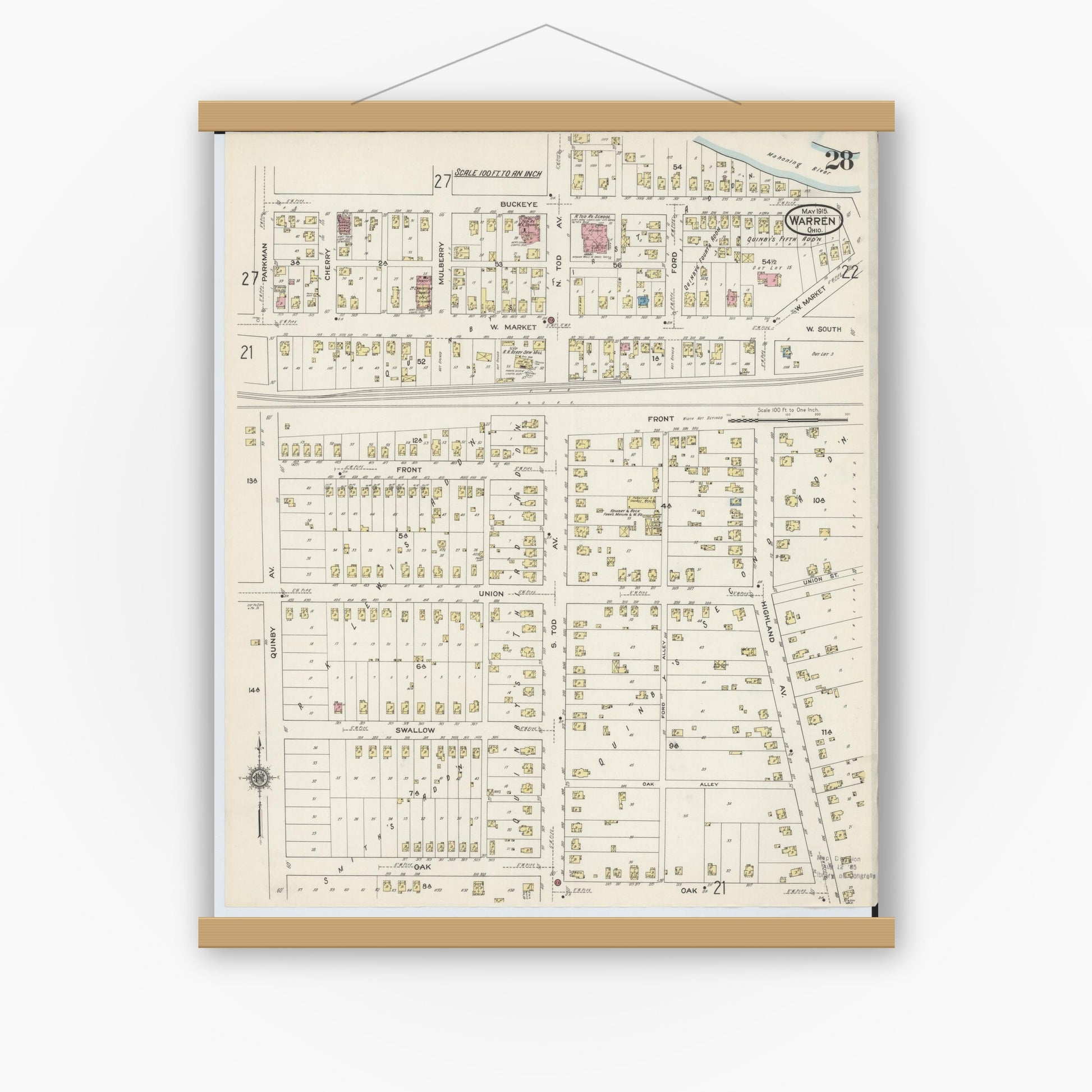 Old map wall art mockup — magnetic wood frame on white wall — Sanborn Fire Insurance Map from Warren, Trumbull County, Ohio (1915), Sheet #0028