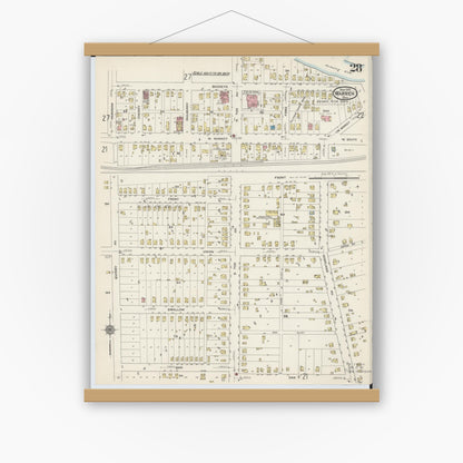 Old map wall art mockup — magnetic wood frame on white wall — Sanborn Fire Insurance Map from Warren, Trumbull County, Ohio (1915), Sheet #0028