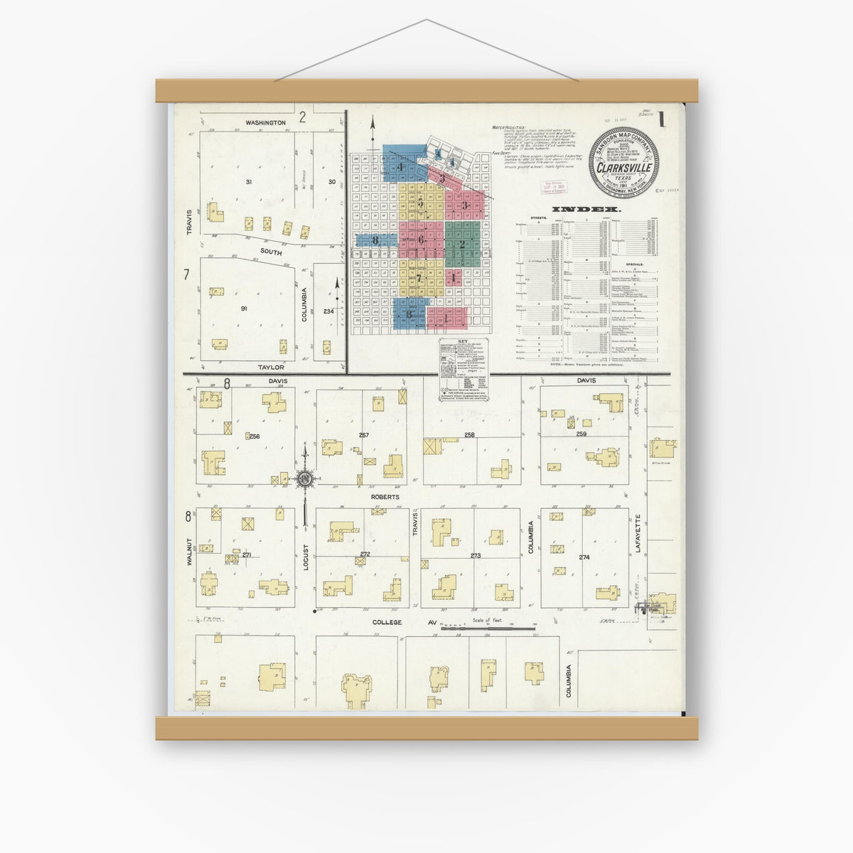 Old map wall art mockup — magnetic wood frame on white wall — Sanborn Fire Insurance Map from Clarksville, Red River County, Texas (1911) - Complete Map Set