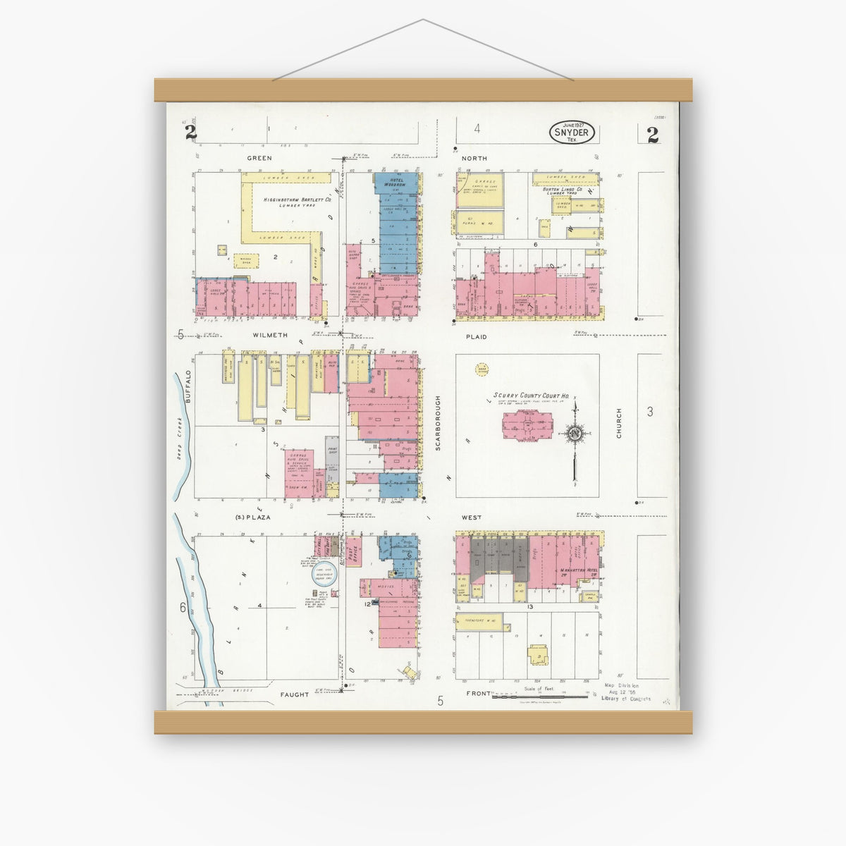 Old map wall art mockup — magnetic wood frame on white wall — Sanborn Fire Insurance Map from Snyder, Scurry County, Texas (1927), Sheet #0002