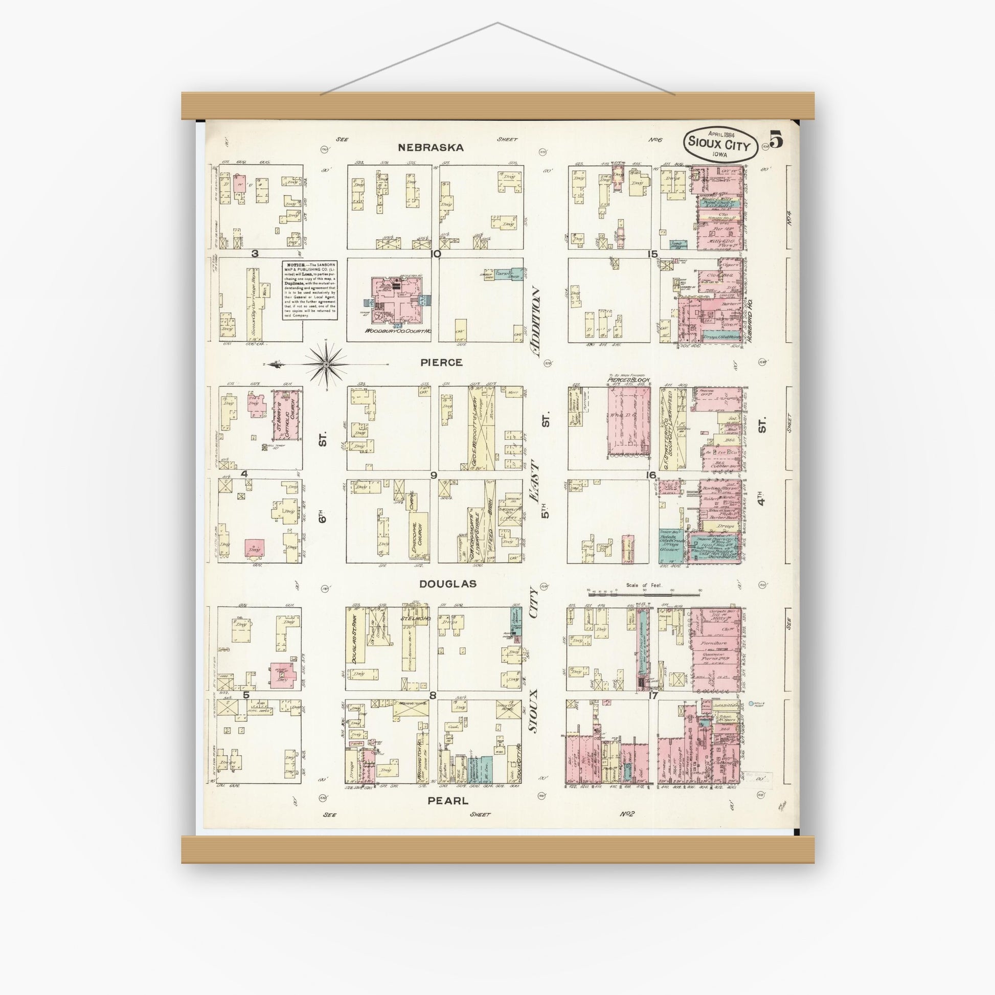 Old map wall art mockup — magnetic wood frame on white wall — Sanborn Fire Insurance Map from Sioux City, Woodbury County, Iowa (1884), Sheet #0005