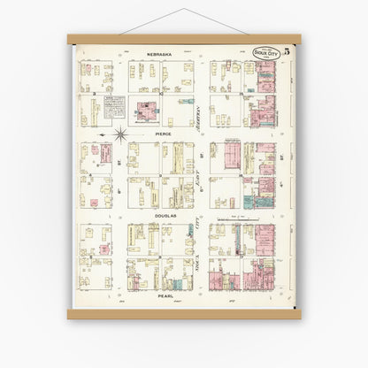 Old map wall art mockup — magnetic wood frame on white wall — Sanborn Fire Insurance Map from Sioux City, Woodbury County, Iowa (1884), Sheet #0005