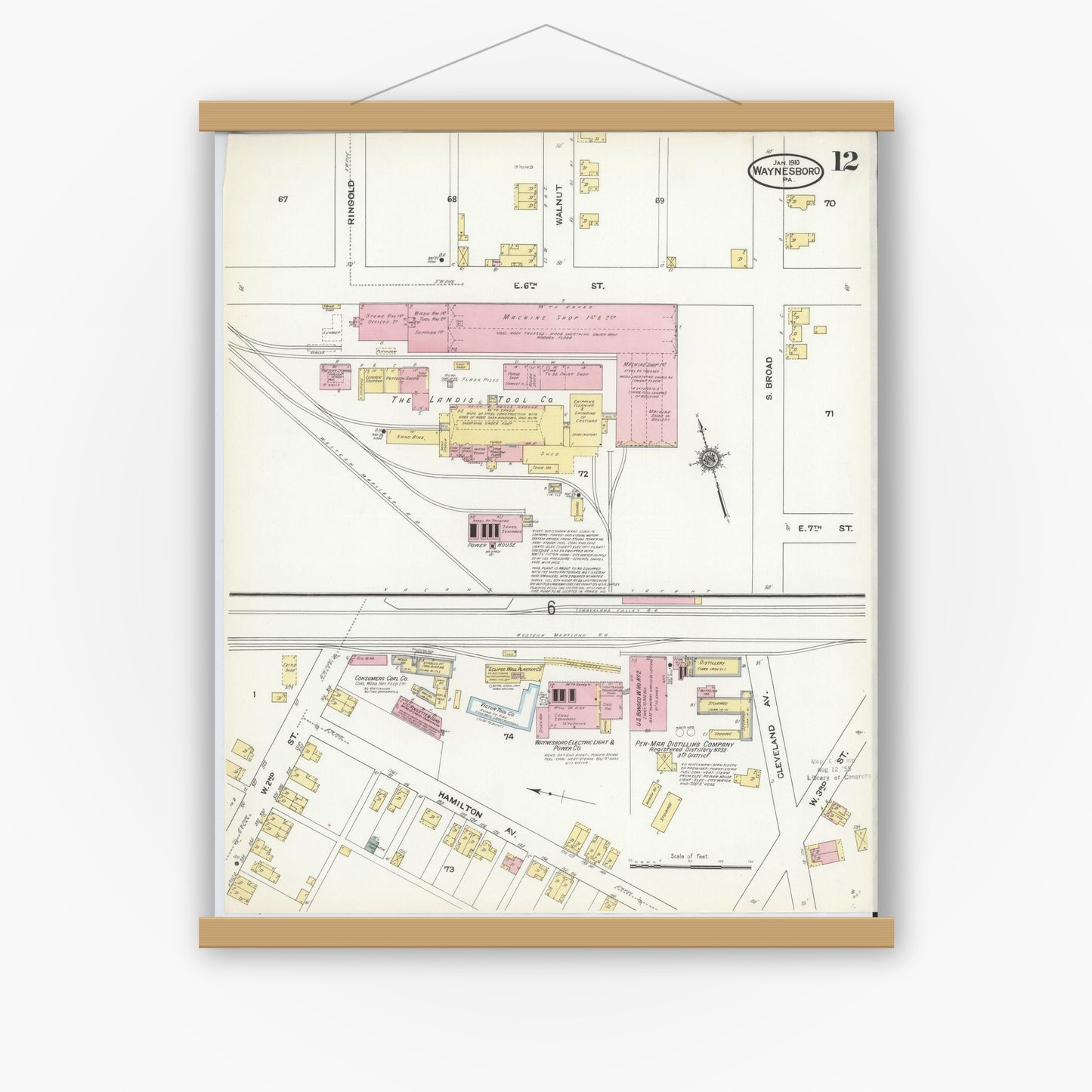 Old map wall art mockup — magnetic wood frame on white wall — Sanborn Fire Insurance Map from Waynesboro, Franklin County, Pennsylvania (1910), Sheet #0012