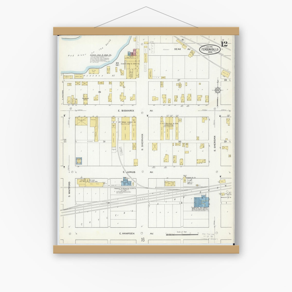 Old map wall art mockup — magnetic wood frame on white wall — Sanborn Fire Insurance Map from Fergus Falls, Otter Tail County, Minnesota (1915), Sheet #0012