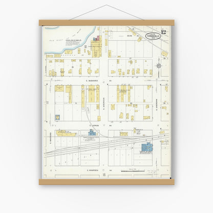 Old map wall art mockup — magnetic wood frame on white wall — Sanborn Fire Insurance Map from Fergus Falls, Otter Tail County, Minnesota (1915), Sheet #0012