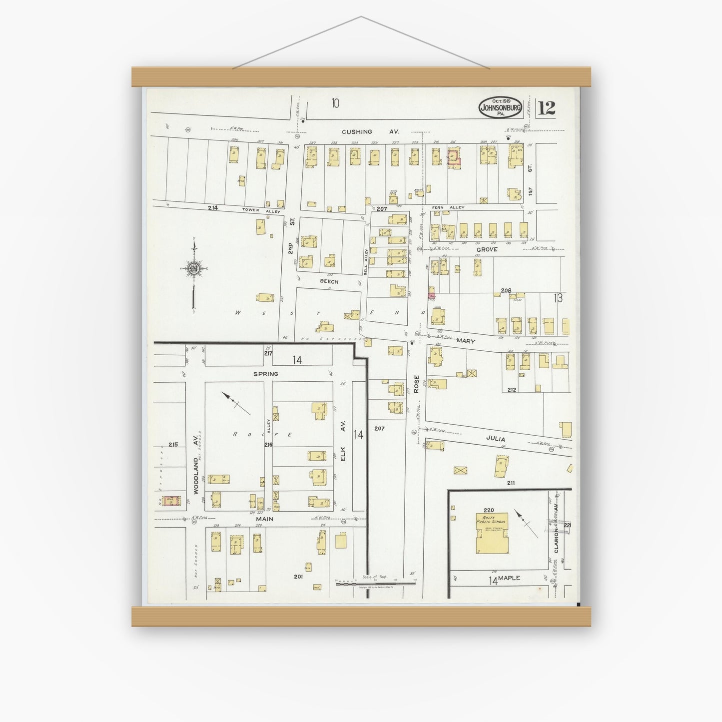 Old map wall art mockup — magnetic wood frame on white wall — Sanborn Fire Insurance Map from Johnsonburg, Elk County, Pennsylvania (1919), Sheet #0012