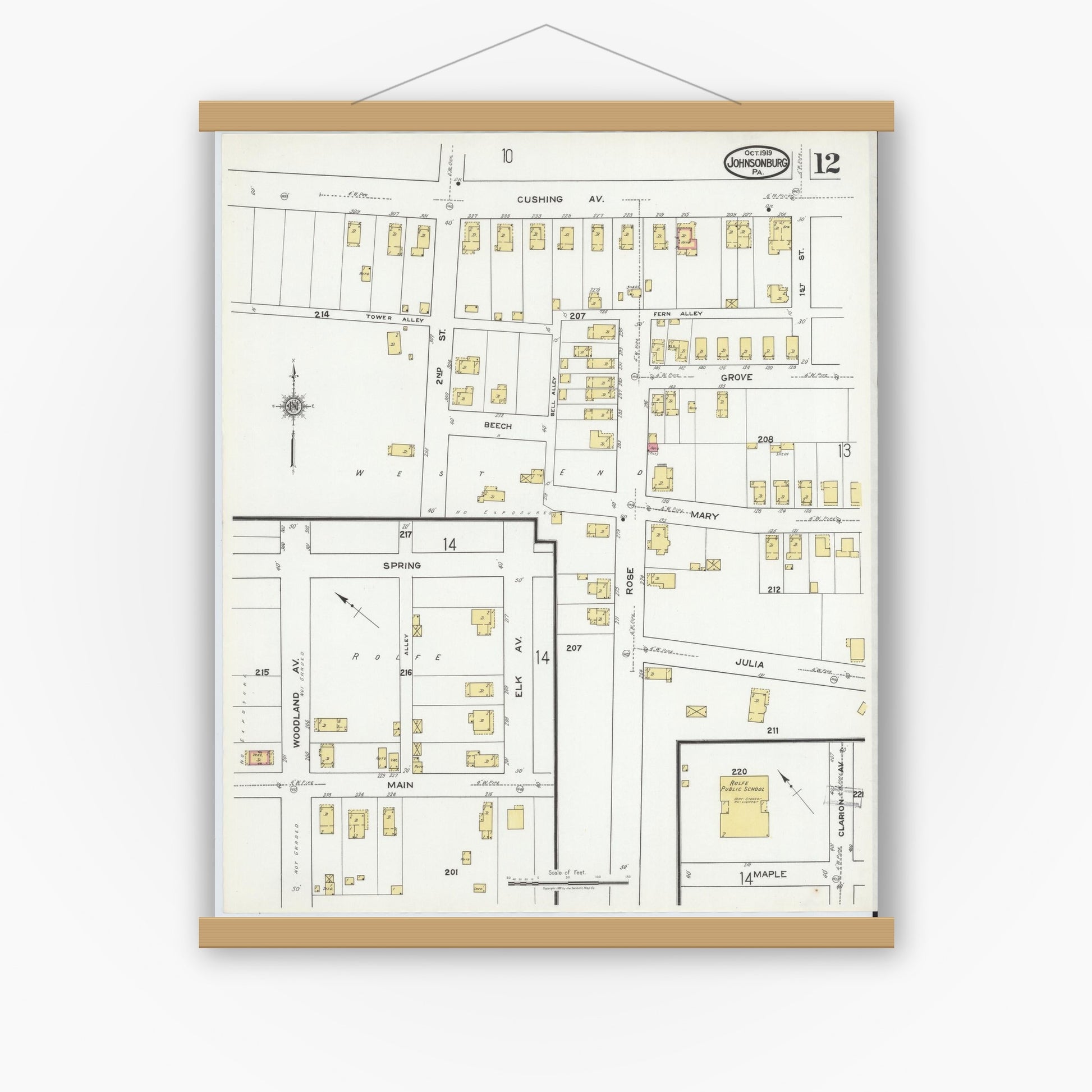 Old map wall art mockup — magnetic wood frame on white wall — Sanborn Fire Insurance Map from Johnsonburg, Elk County, Pennsylvania (1919), Sheet #0012