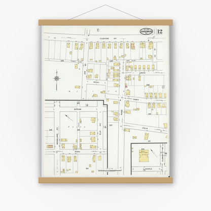 Old map wall art mockup — magnetic wood frame on white wall — Sanborn Fire Insurance Map from Johnsonburg, Elk County, Pennsylvania (1919), Sheet #0012