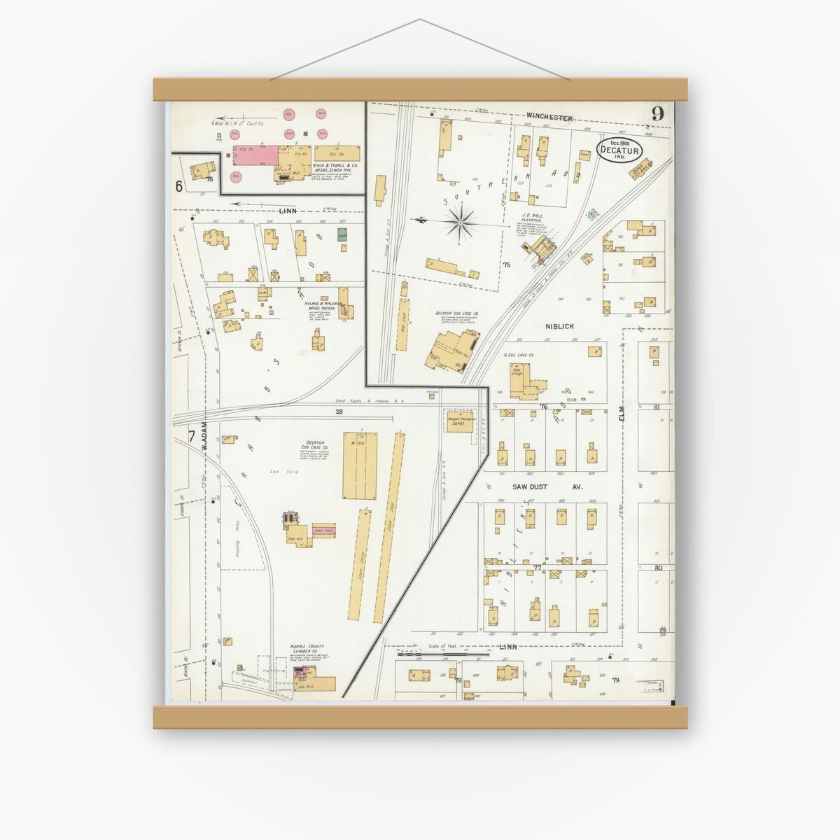 Old map wall art mockup — magnetic wood frame on white wall — Sanborn Fire Insurance Map from Decatur, Adams County, Indiana (1900), Sheet #0009