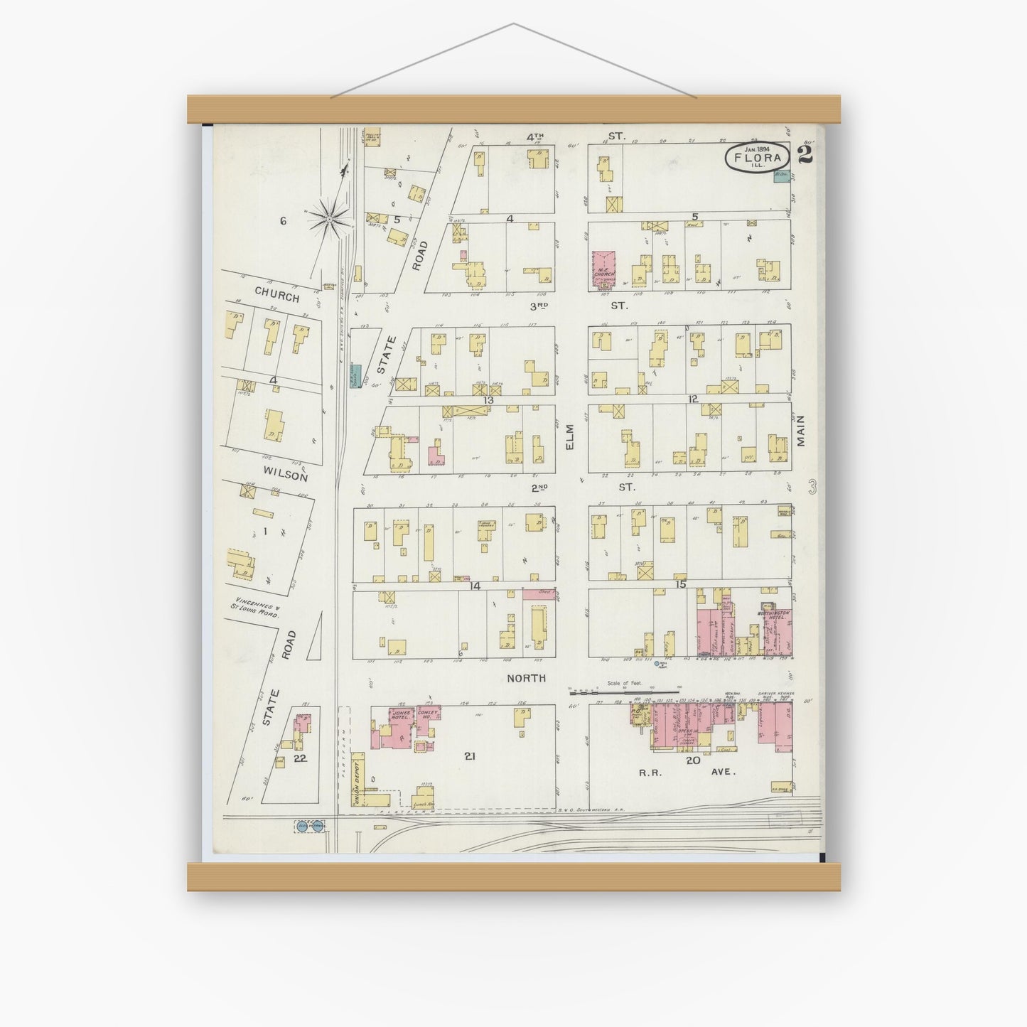 Old map wall art mockup — magnetic wood frame on white wall — Sanborn Fire Insurance Map from Flora, Clay County, Illinois (1894), Sheet #0002