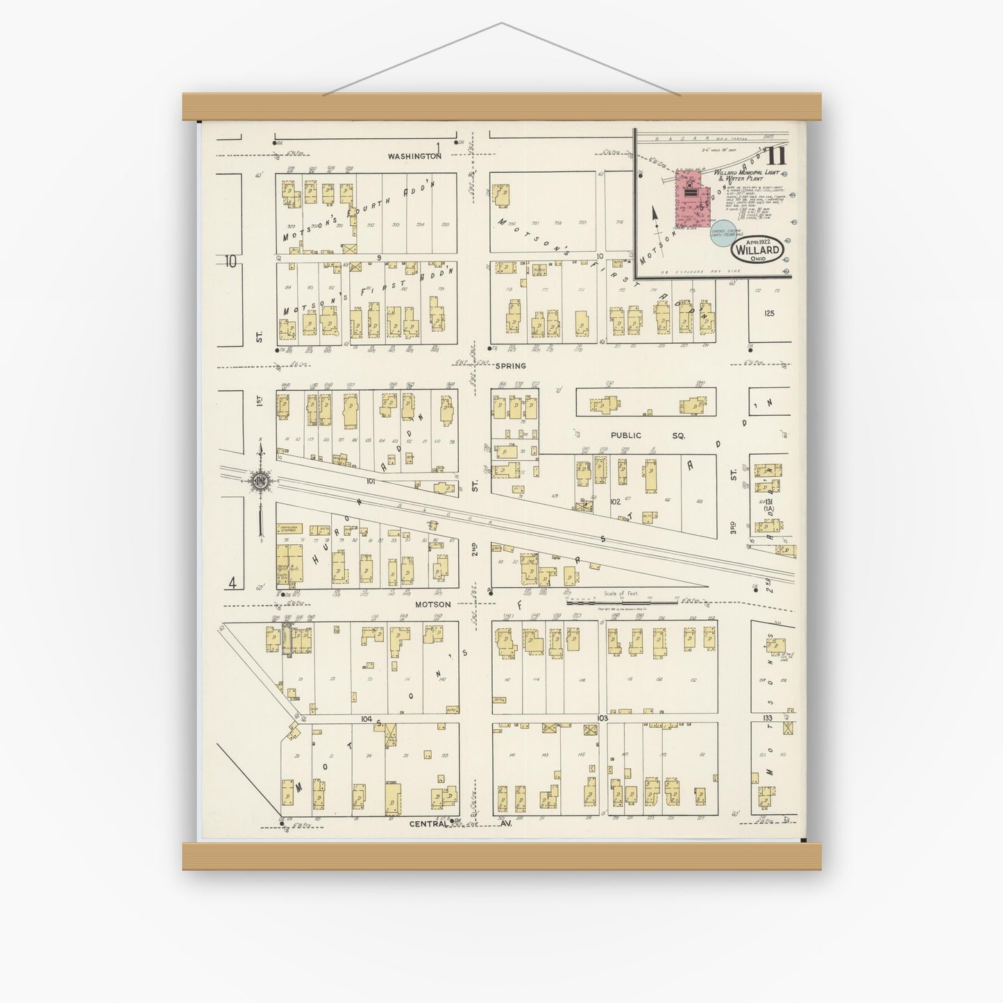 Old map wall art mockup — magnetic wood frame on white wall — Sanborn Fire Insurance Map from Willard, Huron County, Ohio (1922), Sheet #0011