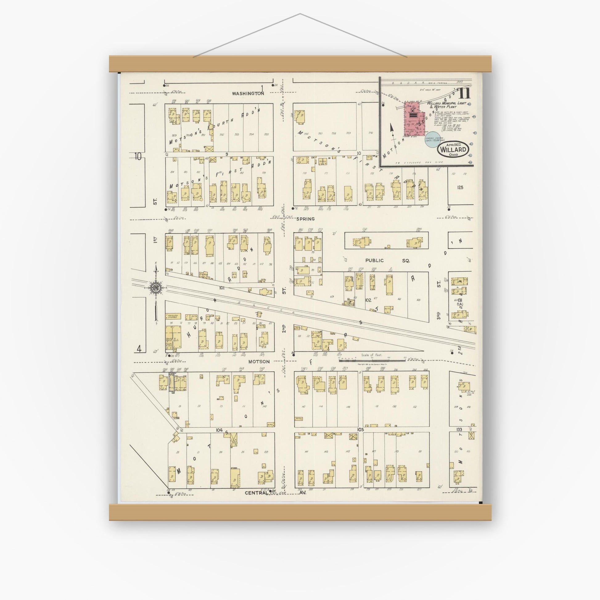 Old map wall art mockup — magnetic wood frame on white wall — Sanborn Fire Insurance Map from Willard, Huron County, Ohio (1922), Sheet #0011