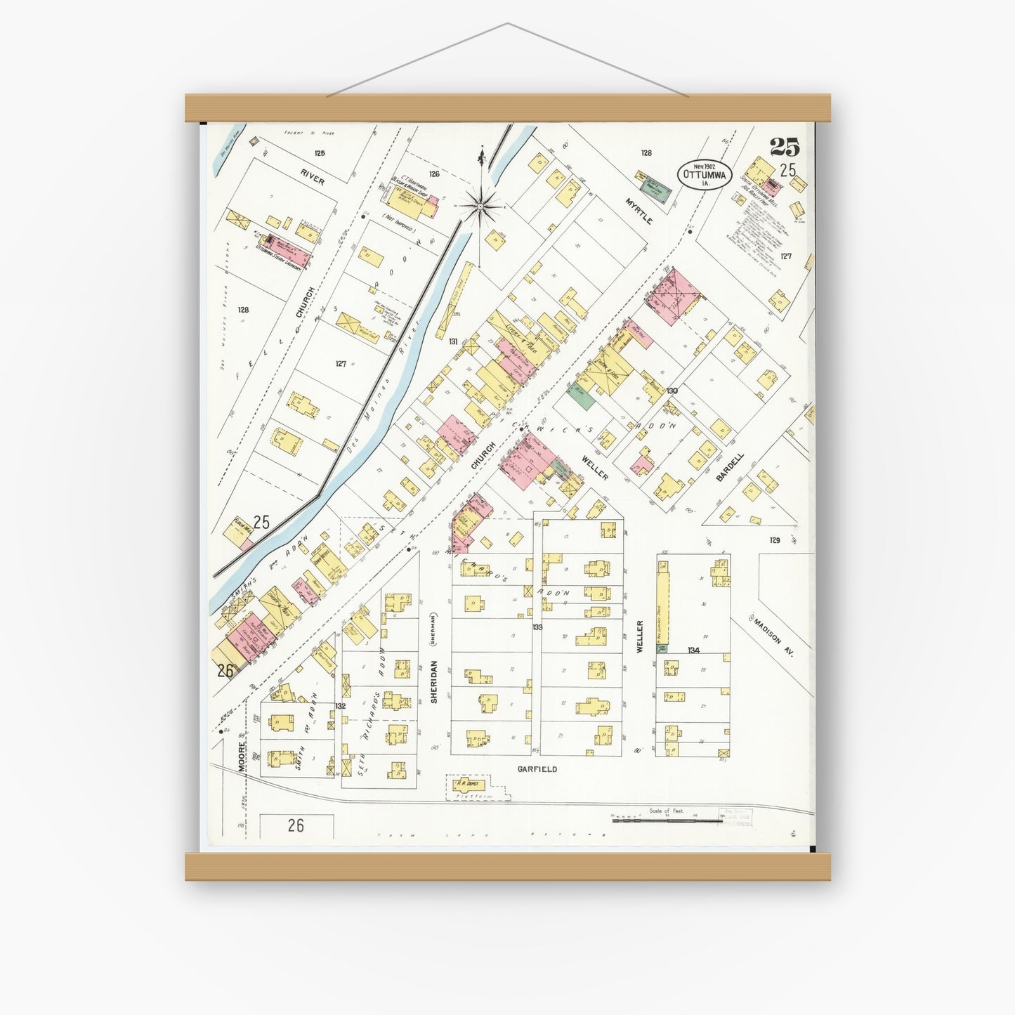 Old map wall art mockup — magnetic wood frame on white wall — Sanborn Fire Insurance Map from Ottumwa, Wapello County, Iowa (1902), Sheet #0025