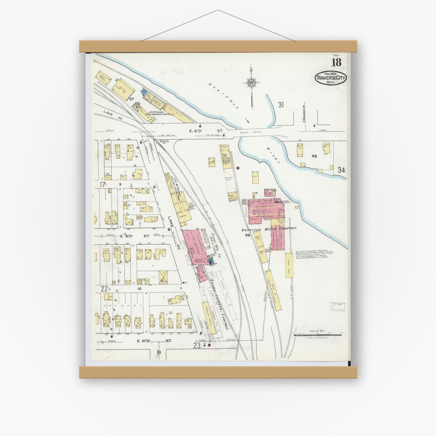 Old map wall art mockup — magnetic wood frame on white wall — Sanborn Fire Insurance Map from Traverse City, Grand Traverse County, Michigan (1920), Sheet #0018