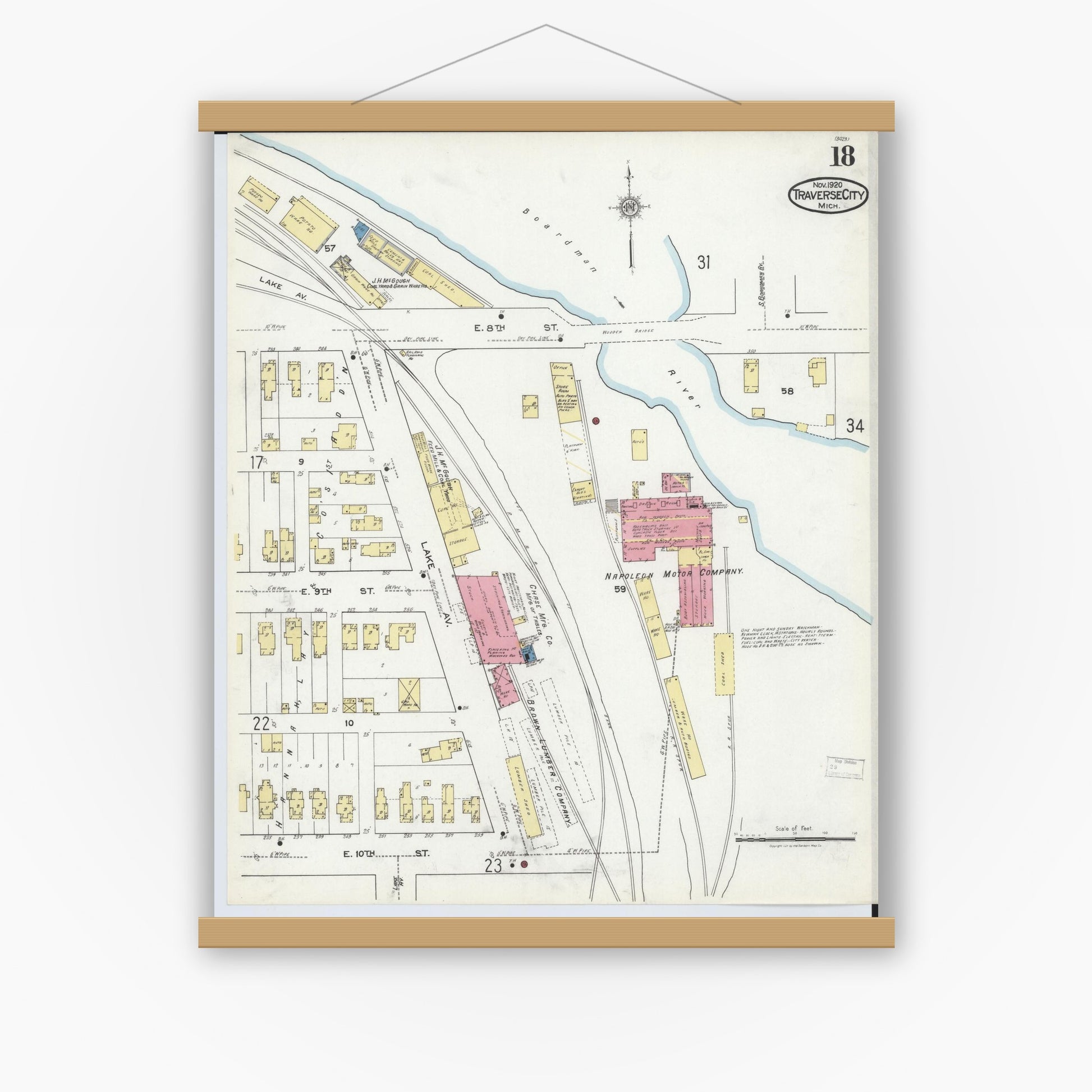 Old map wall art mockup — magnetic wood frame on white wall — Sanborn Fire Insurance Map from Traverse City, Grand Traverse County, Michigan (1920), Sheet #0018