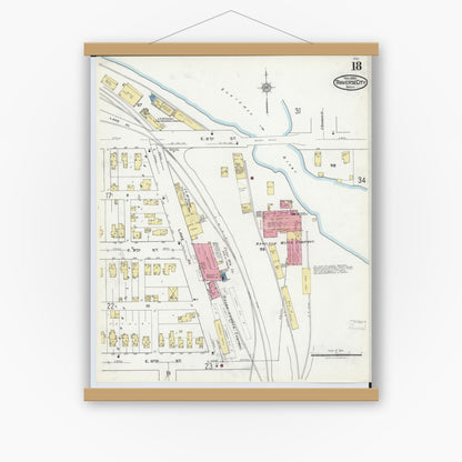Old map wall art mockup — magnetic wood frame on white wall — Sanborn Fire Insurance Map from Traverse City, Grand Traverse County, Michigan (1920), Sheet #0018