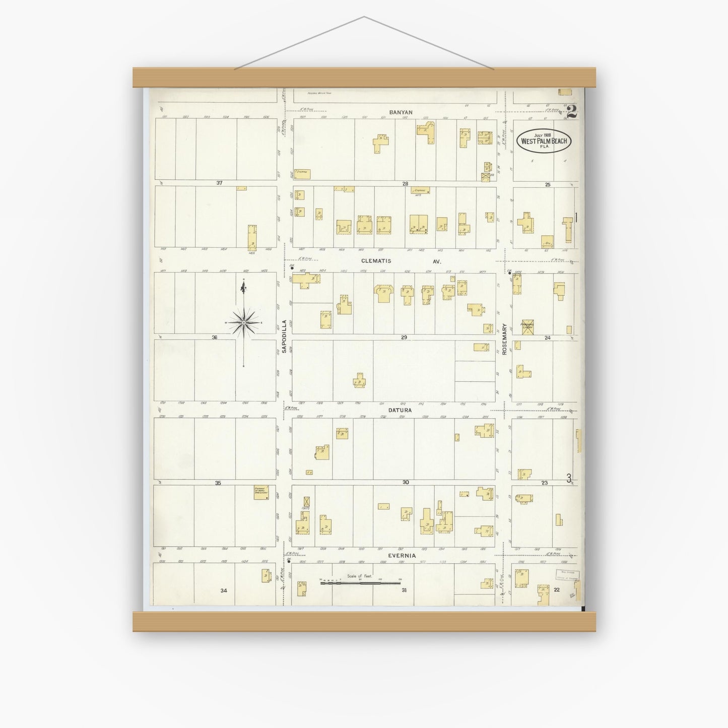 Old map wall art mockup — magnetic wood frame on white wall — Sanborn Fire Insurance Map from West Palm Beach, Dade County, Florida (1908), Sheet #0002