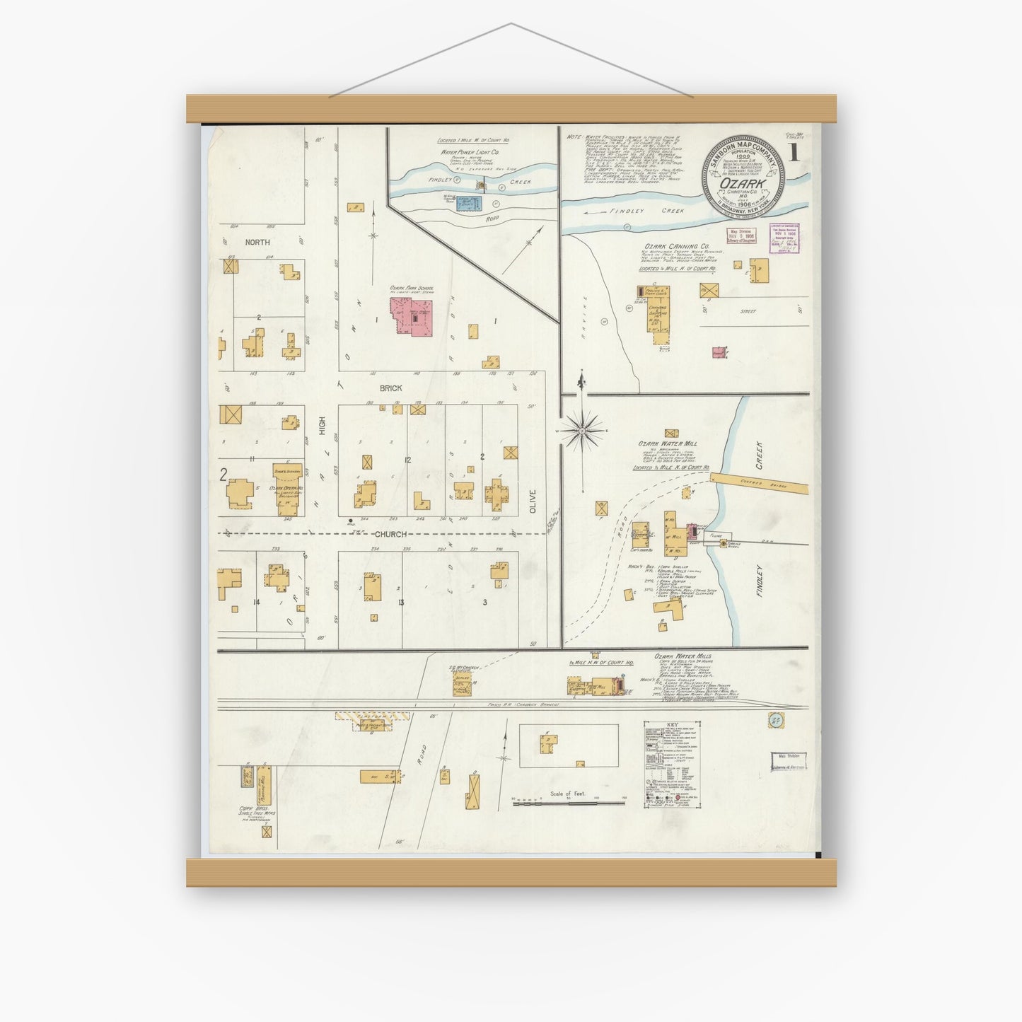Old map wall art mockup — magnetic wood frame on white wall — Sanborn Fire Insurance Map from Ozark, Christian County, Missouri (1906) - Complete Map Set