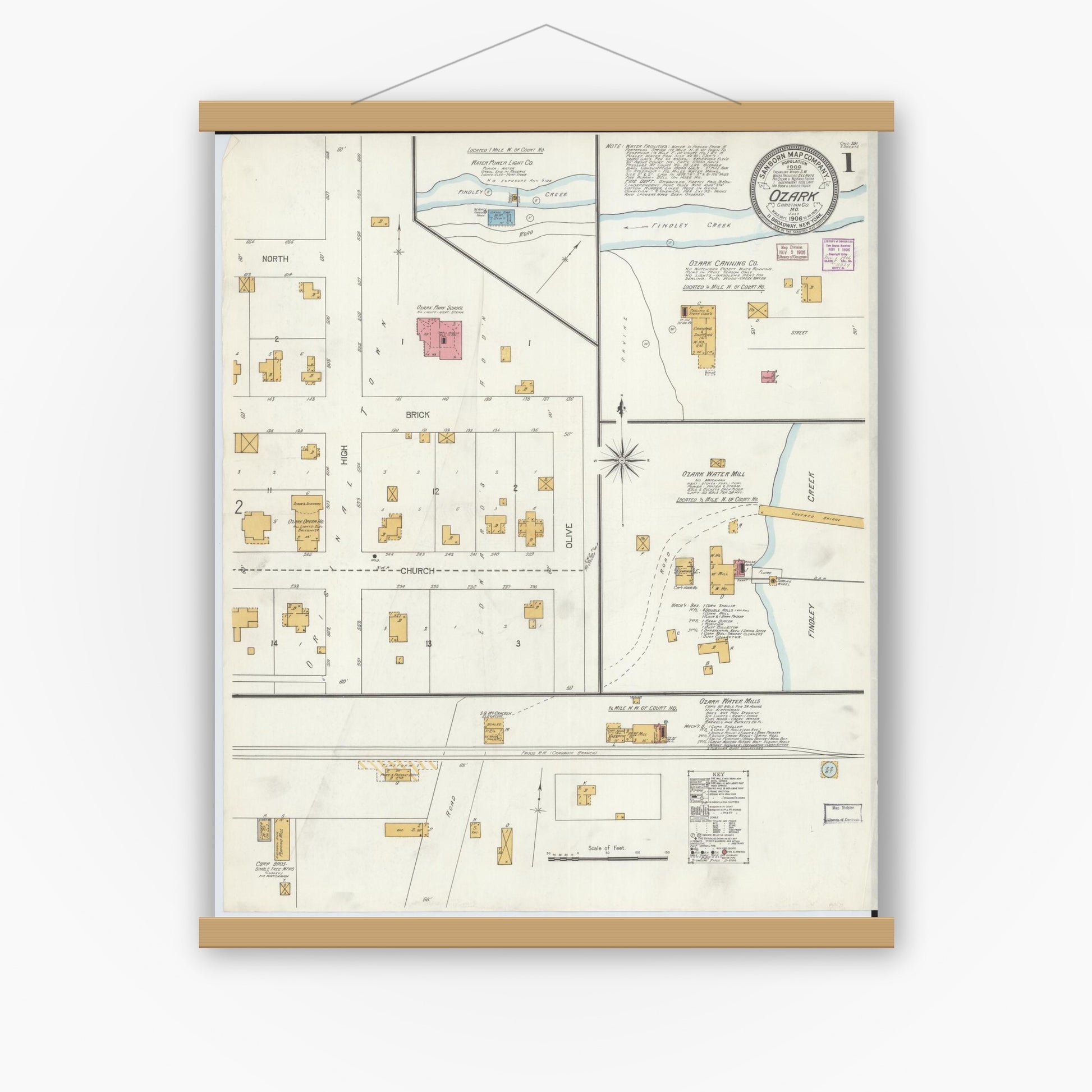 Old map wall art mockup — magnetic wood frame on white wall — Sanborn Fire Insurance Map from Ozark, Christian County, Missouri (1906) - Complete Map Set