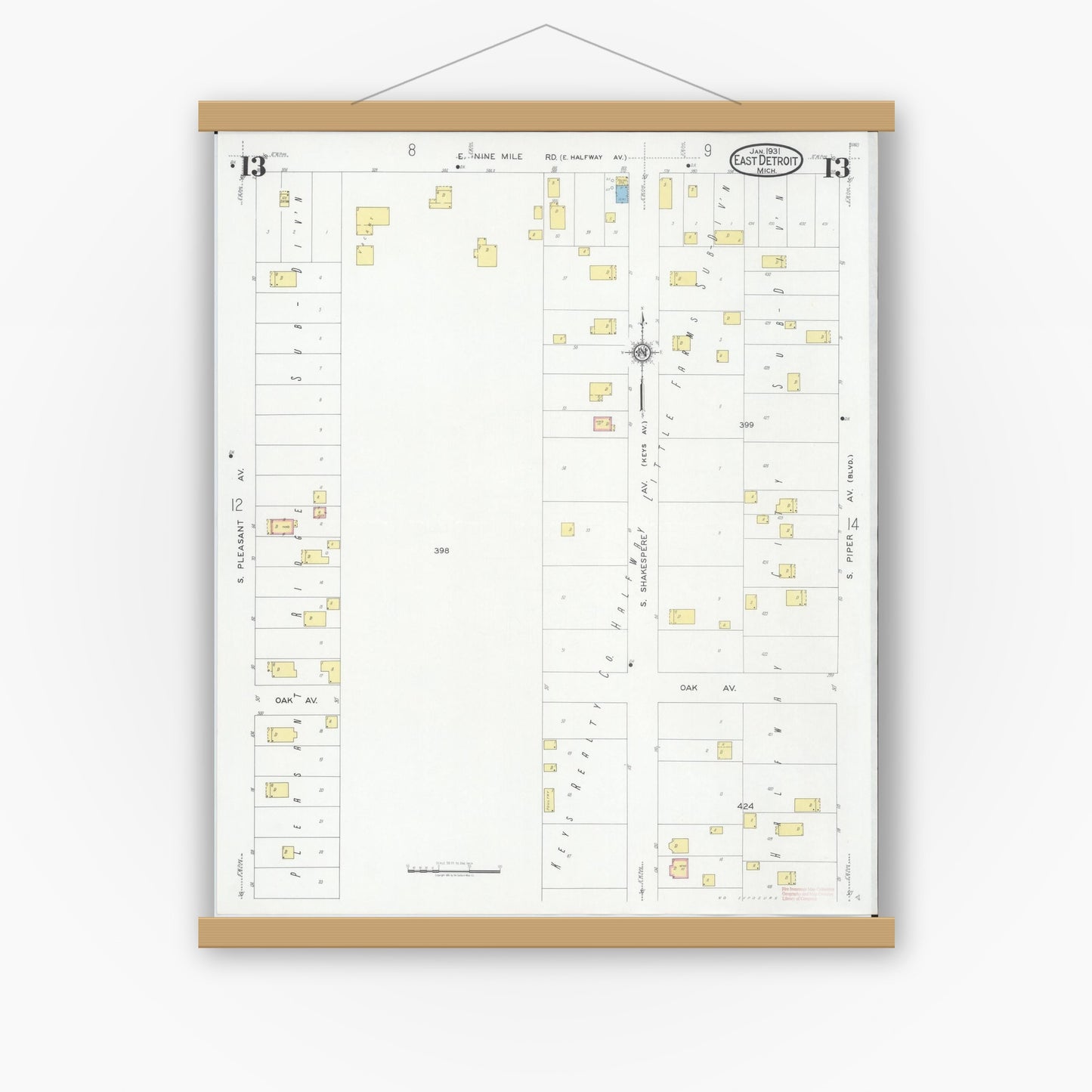 Old map wall art mockup — magnetic wood frame on white wall — Sanborn Fire Insurance Map from East Detroit, Macomb County, Michigan (1931), Sheet #0013