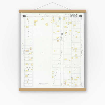 Old map wall art mockup — magnetic wood frame on white wall — Sanborn Fire Insurance Map from East Detroit, Macomb County, Michigan (1931), Sheet #0013