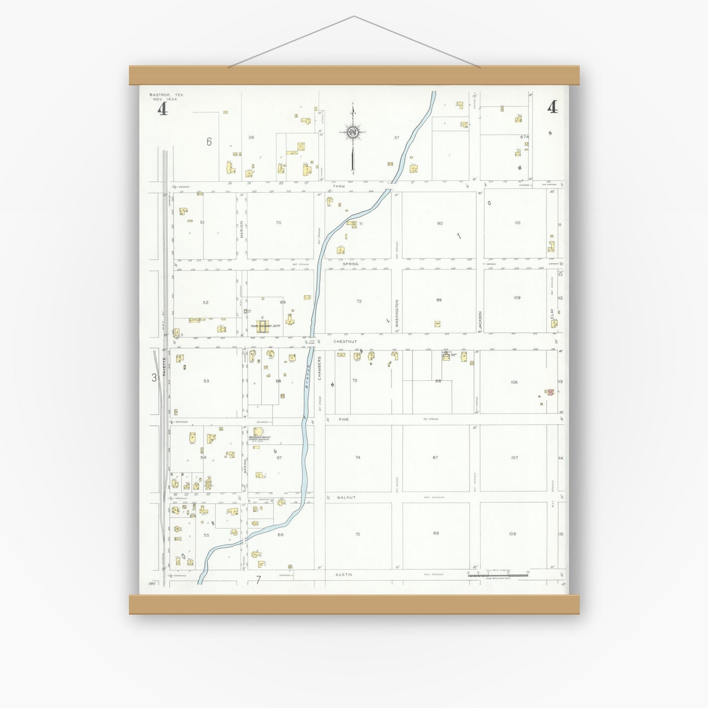 Old map wall art mockup — magnetic wood frame on white wall — Sanborn Fire Insurance Map from Bastrop, Bastrop County, Texas (1934), Sheet #0004