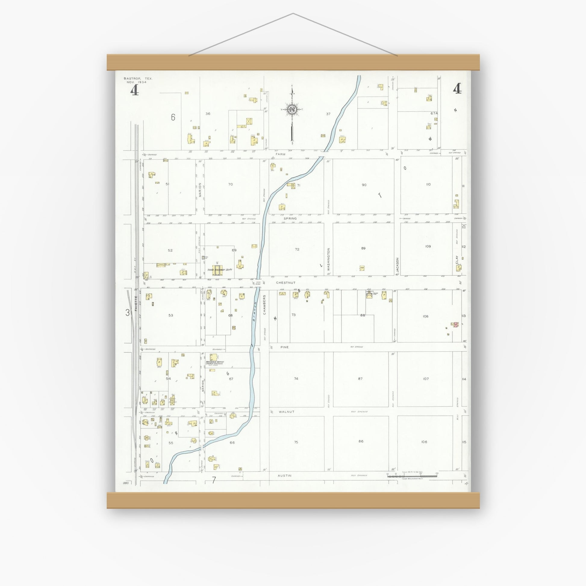 Old map wall art mockup — magnetic wood frame on white wall — Sanborn Fire Insurance Map from Bastrop, Bastrop County, Texas (1934), Sheet #0004