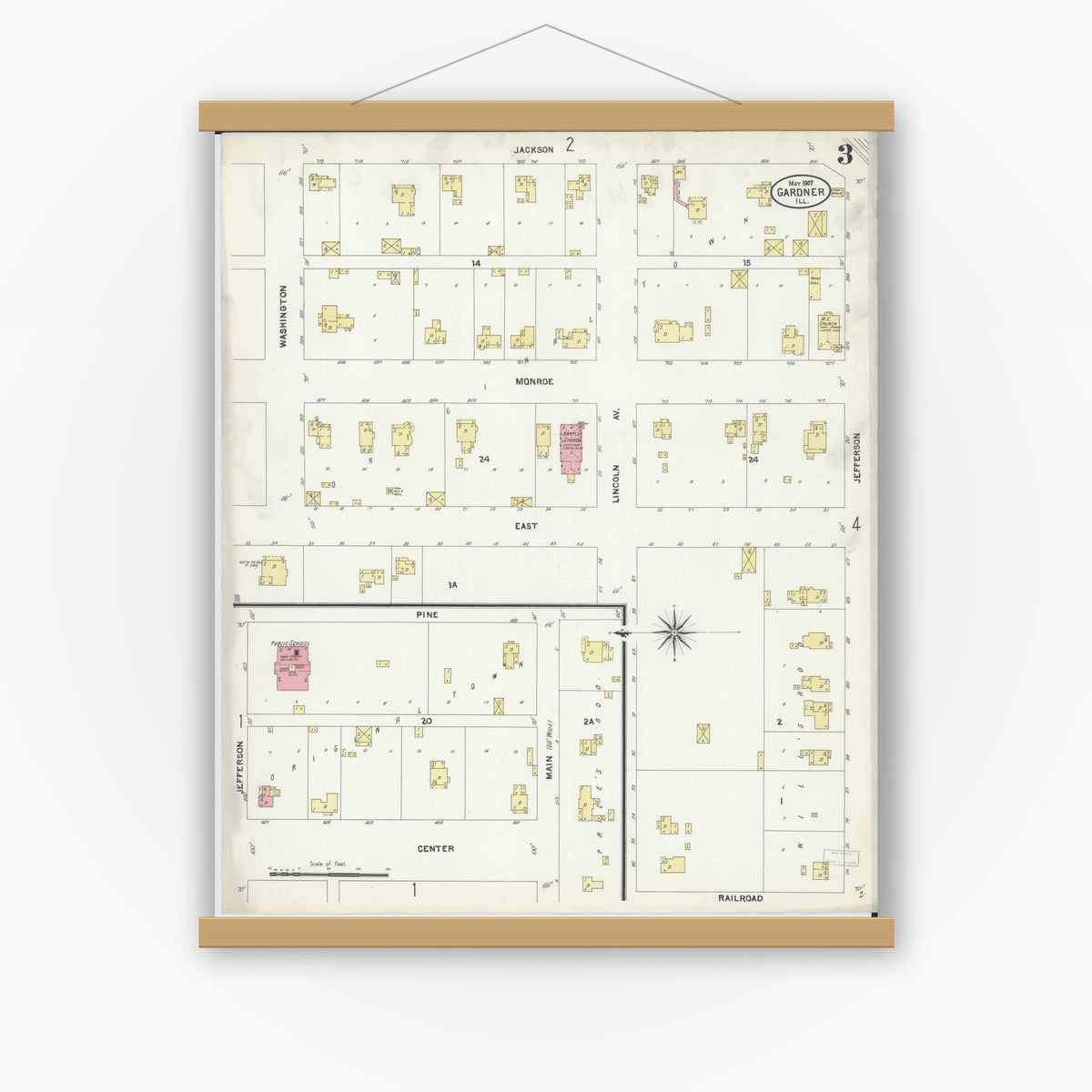 Old map wall art mockup — magnetic wood frame on white wall — Sanborn Fire Insurance Map from Gardner, Grundy County, Illinois (1907), Sheet #0003