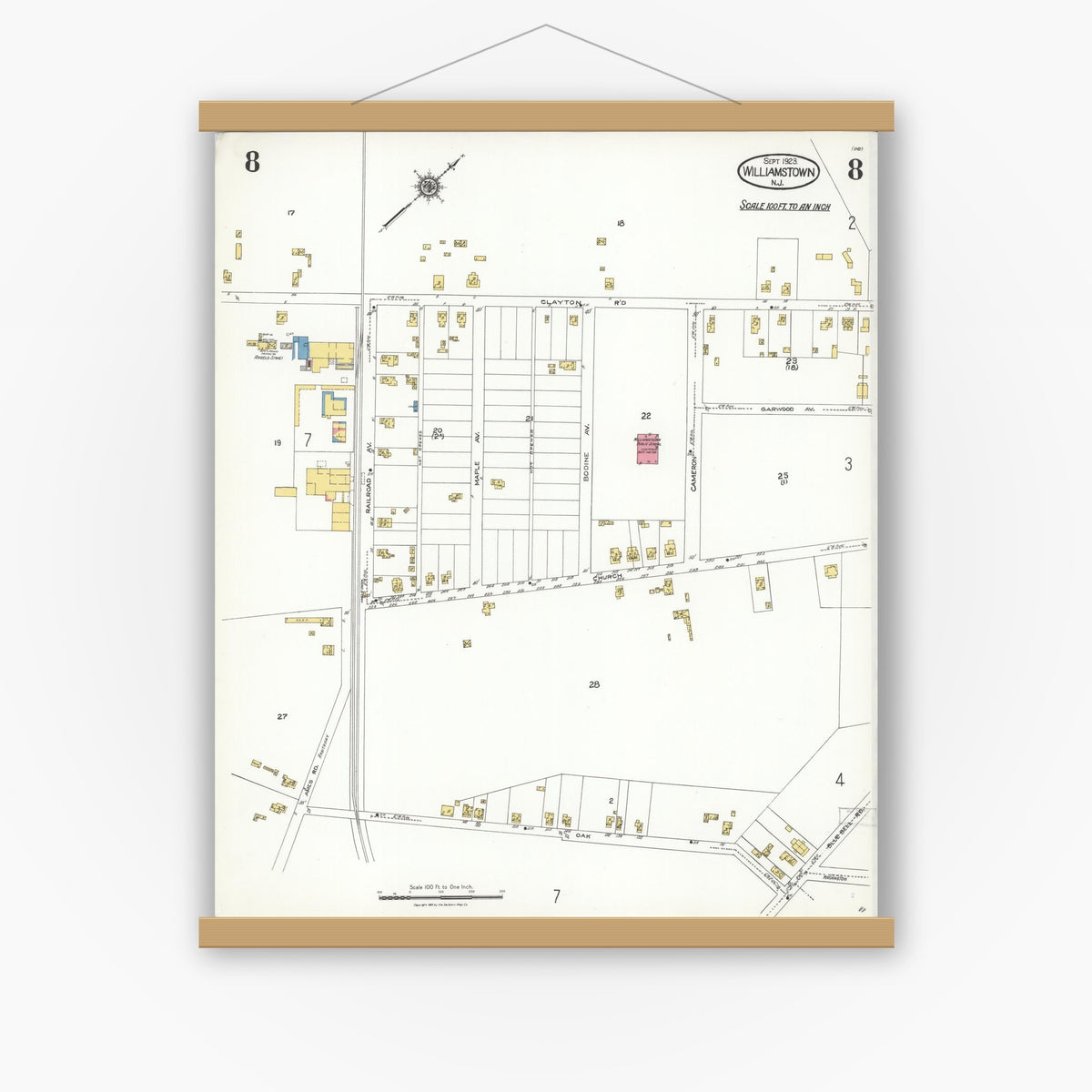 Old map wall art mockup — magnetic wood frame on white wall — Sanborn Fire Insurance Map from Williamstown, Gloucester County, New Jersey (1923), Sheet #0008