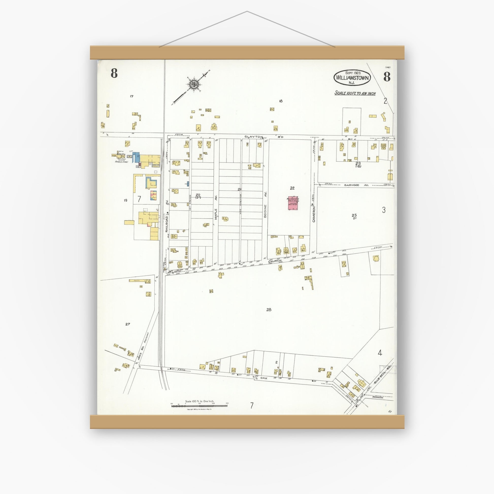Old map wall art mockup — magnetic wood frame on white wall — Sanborn Fire Insurance Map from Williamstown, Gloucester County, New Jersey (1923), Sheet #0008