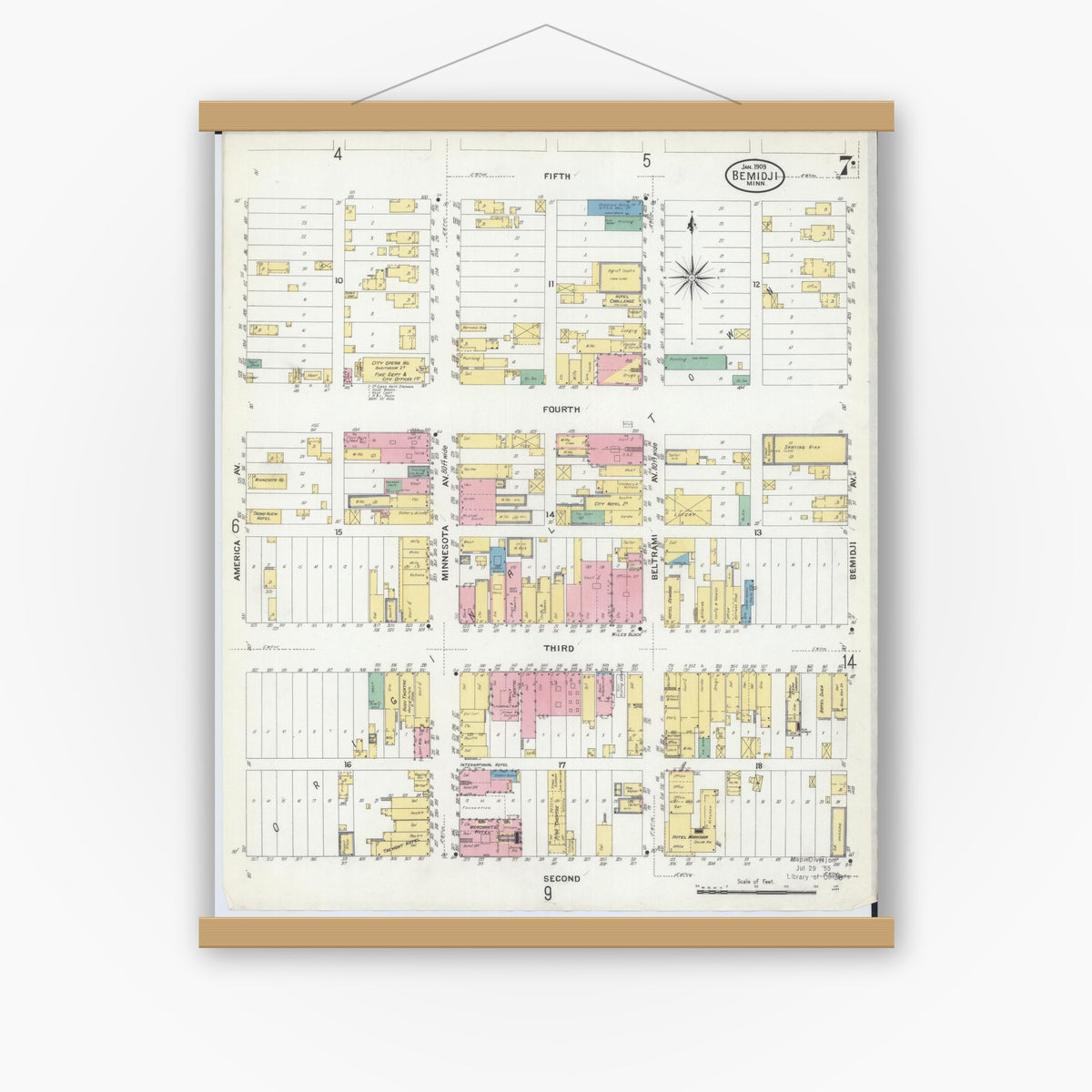 Old map wall art mockup — magnetic wood frame on white wall — Sanborn Fire Insurance Map from Bemidji, Beltrami County, Minnesota (1909), Sheet #0007